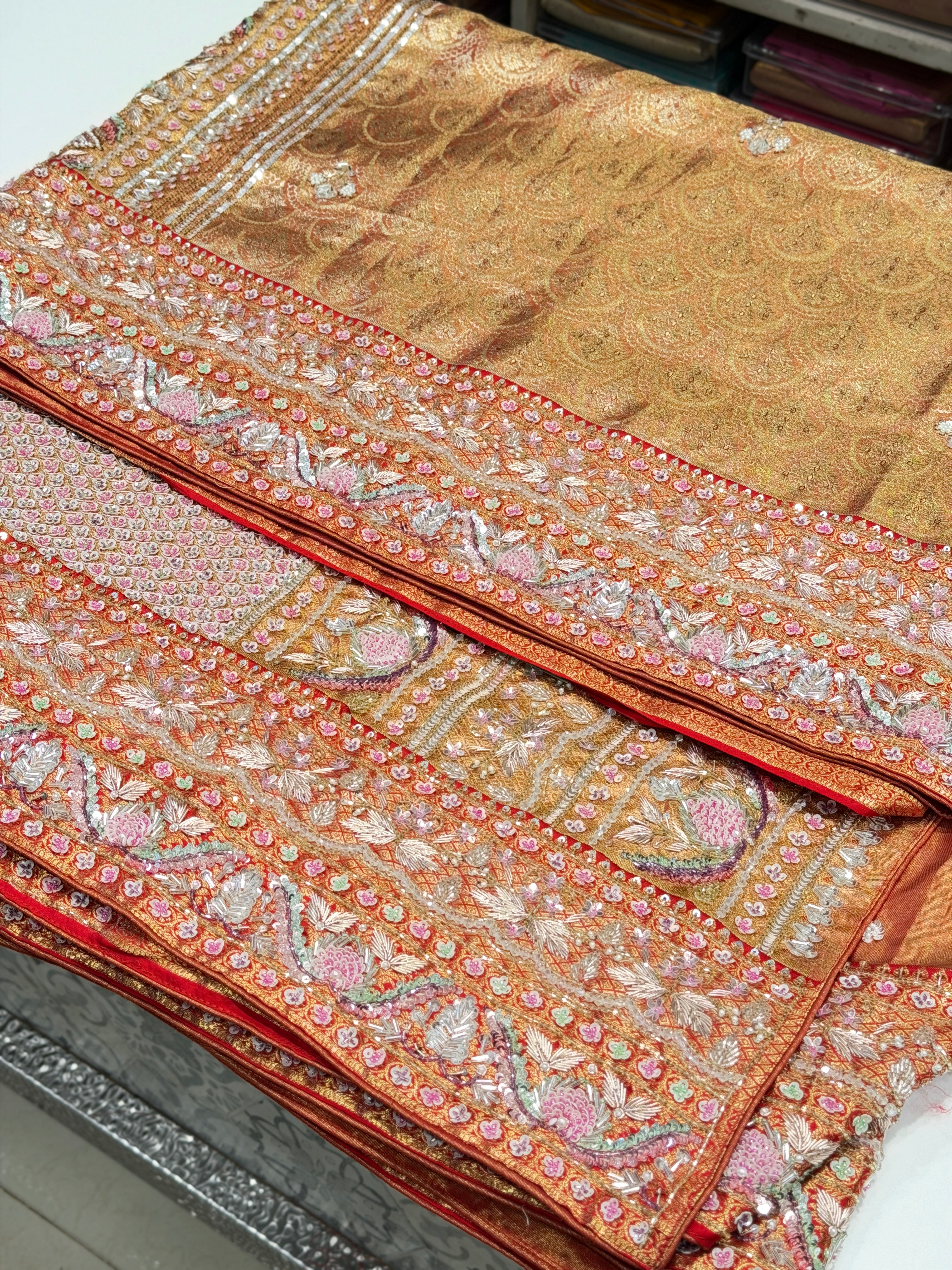 Red Jaal Tissue Kanjivaram Hand Embroidery Saree