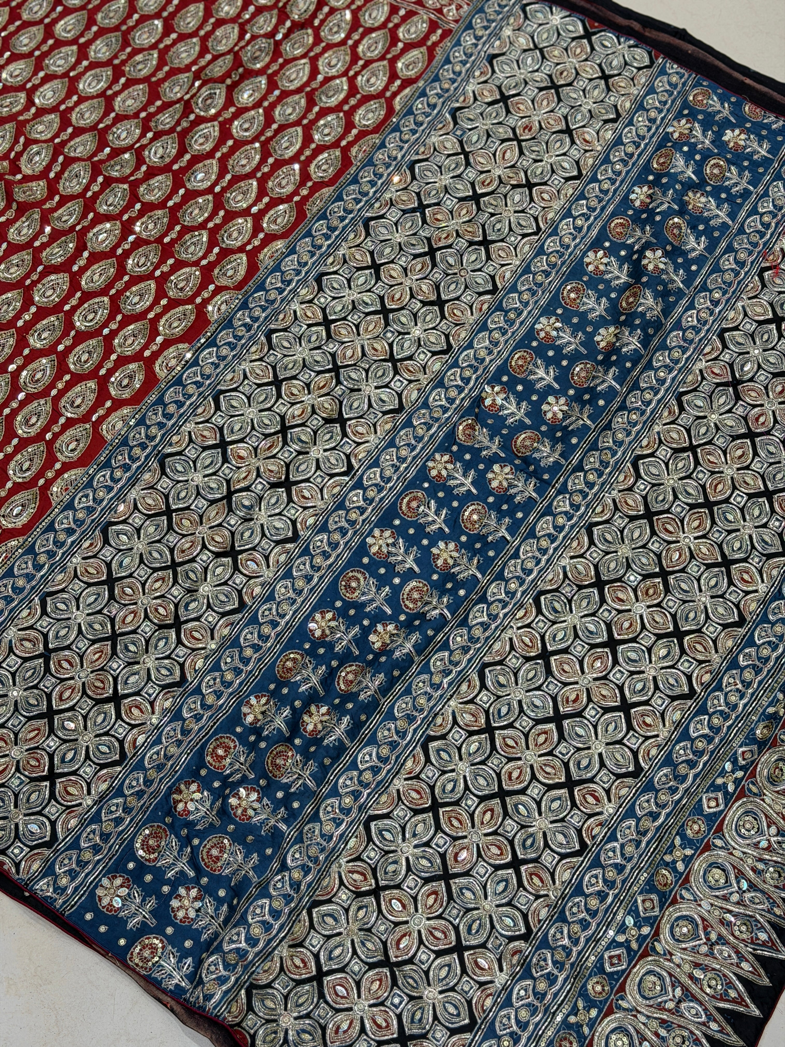 Red Keri Buttas Pita Zardosi Sequin Ajrakh Hand Embroidery Saree