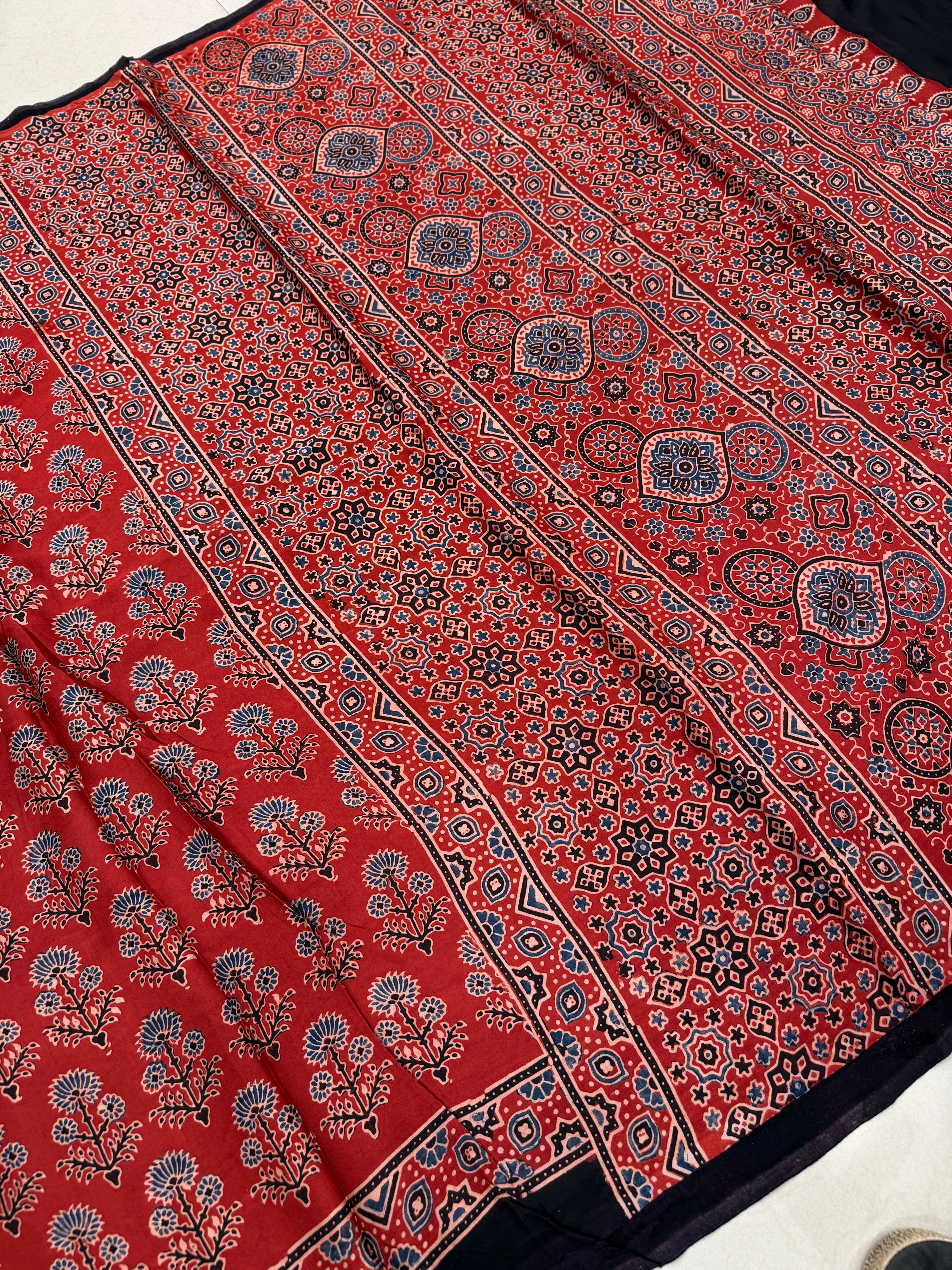 Red Buttas Ajrakh Hand Block Print Pure Gajji Silk Saree