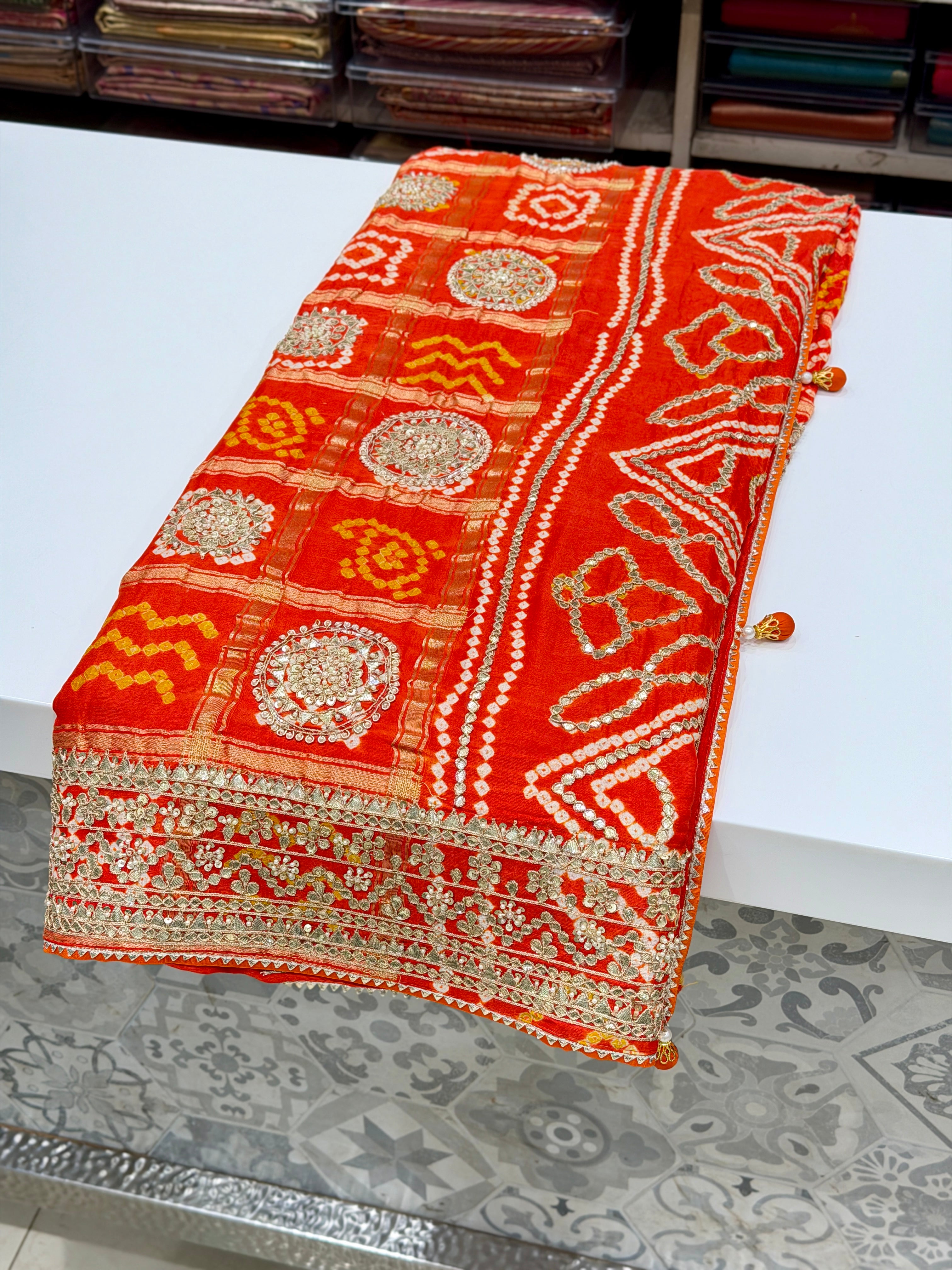 Orange Gajji Silk Dolly Jain Inspired Marodi Gotapatti Hand Embroidery Saree