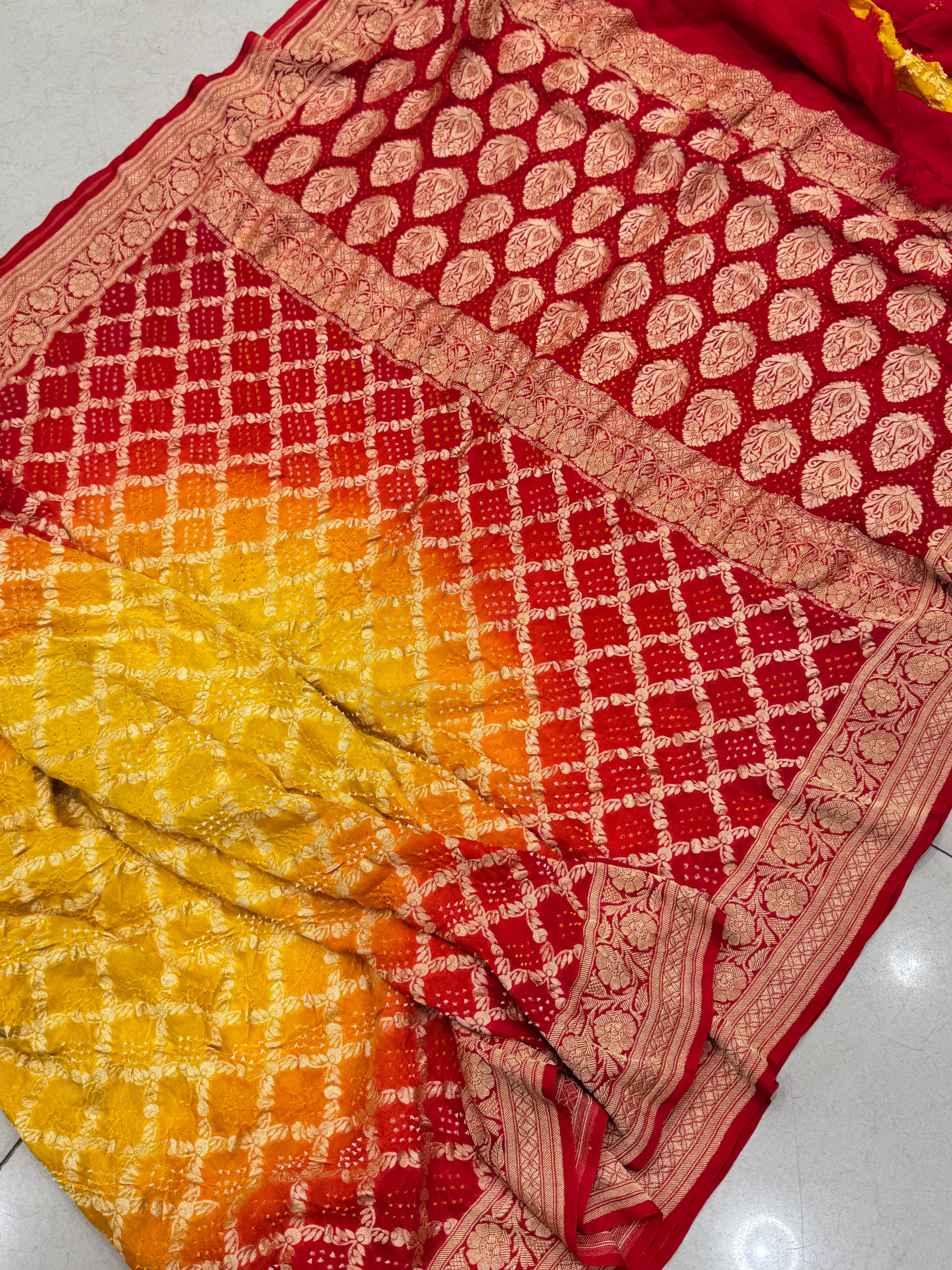 Yellow Red Shaded Bandhej Bandhini Saree