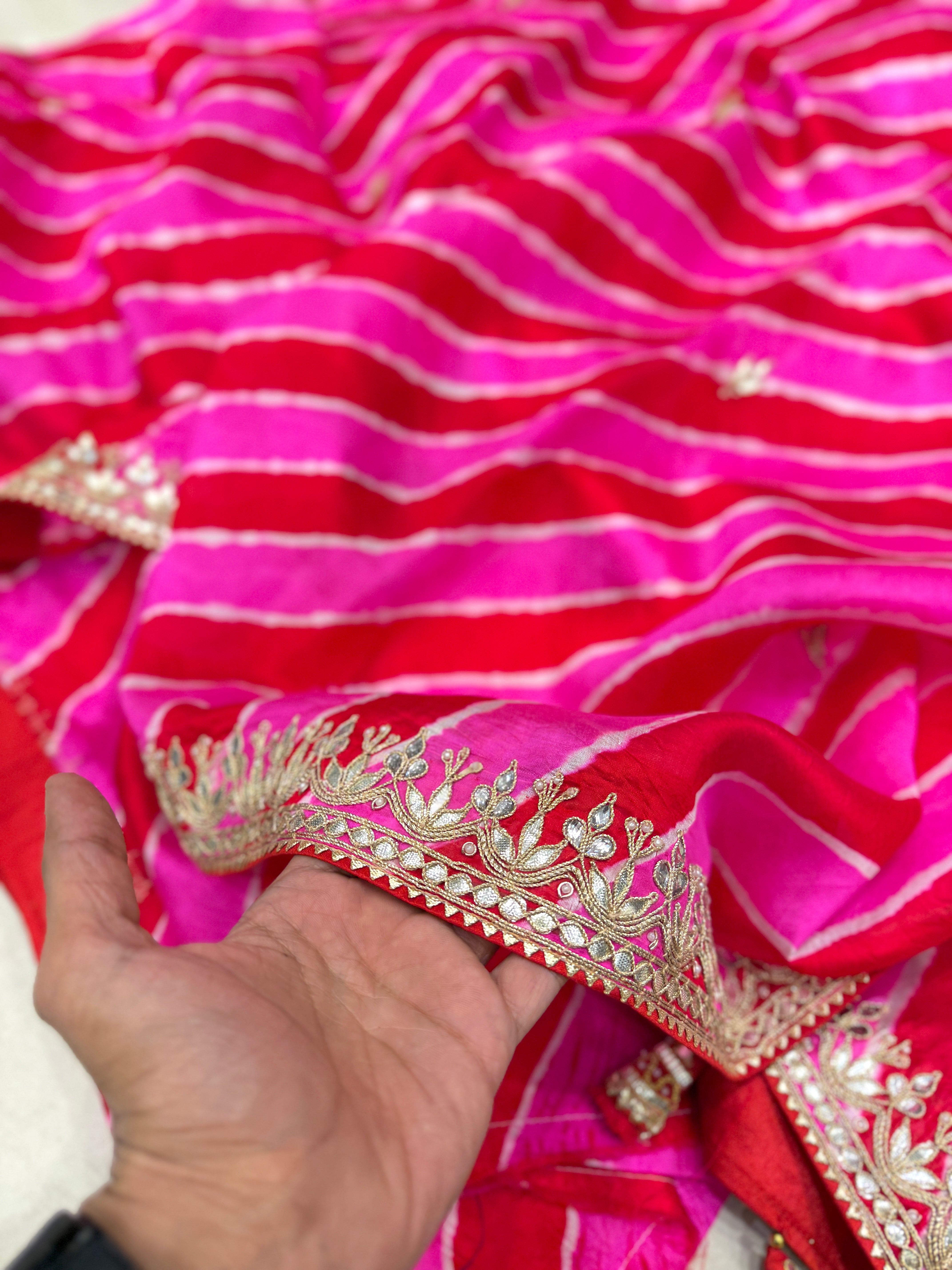 Rani Pink Leheriya Tussor with Gotapatti Embroidery Saree