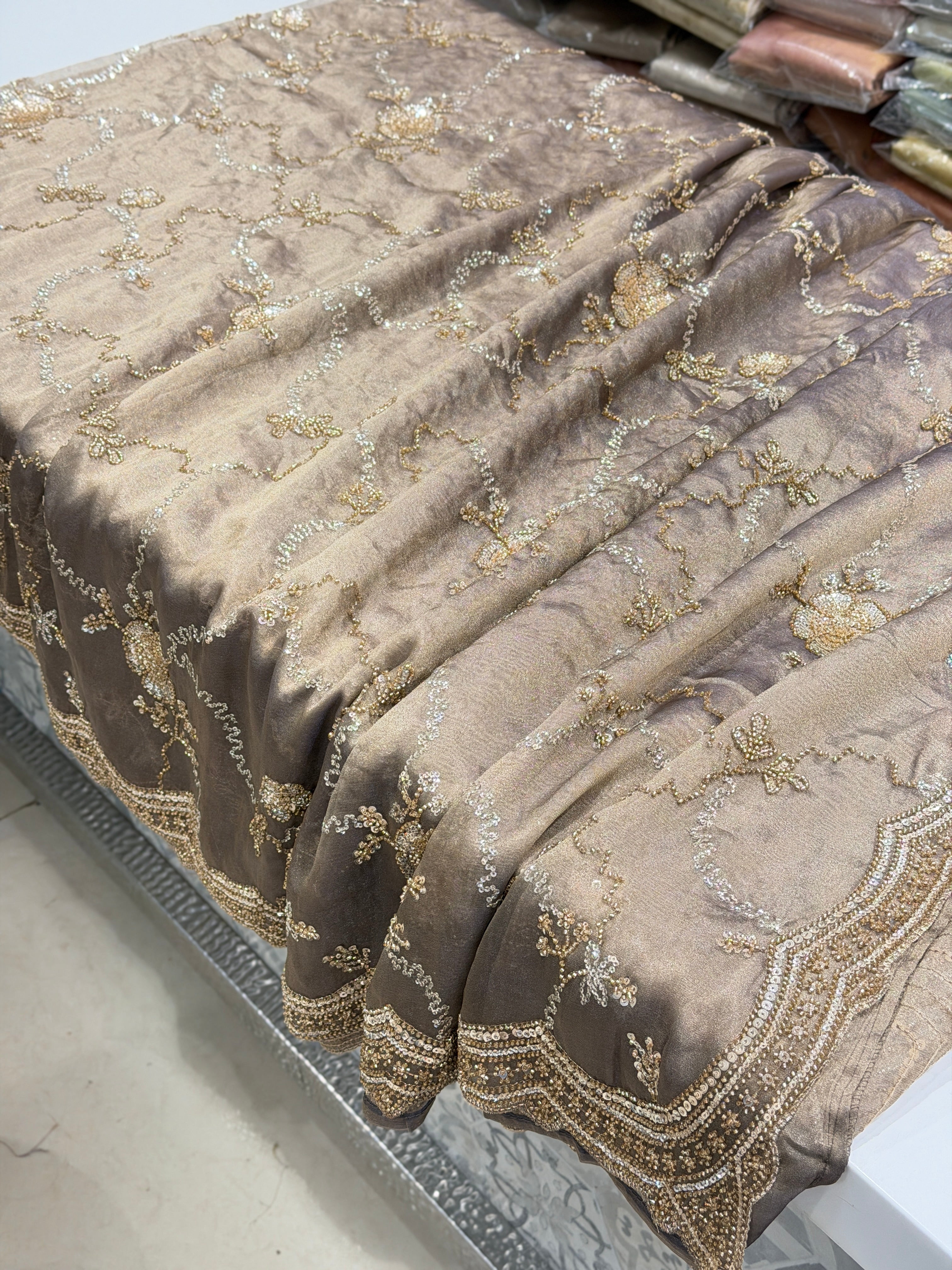 Dark Champagne Soft Tissue Moti Embroidery Jaal Saree