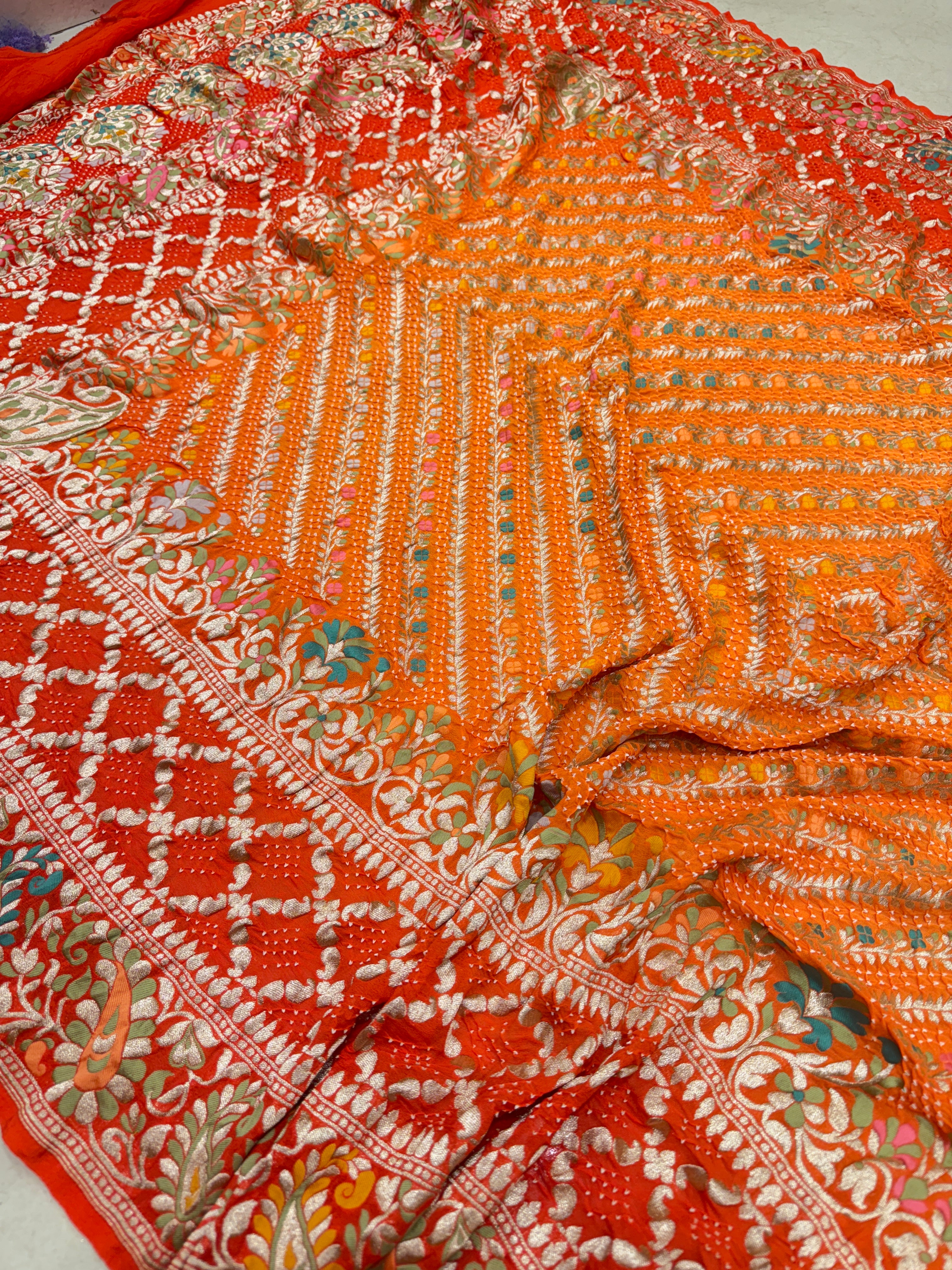 Shaded Orange Jaal Handloom Meenakari Rai Bandhej Pure Zari Dupatta