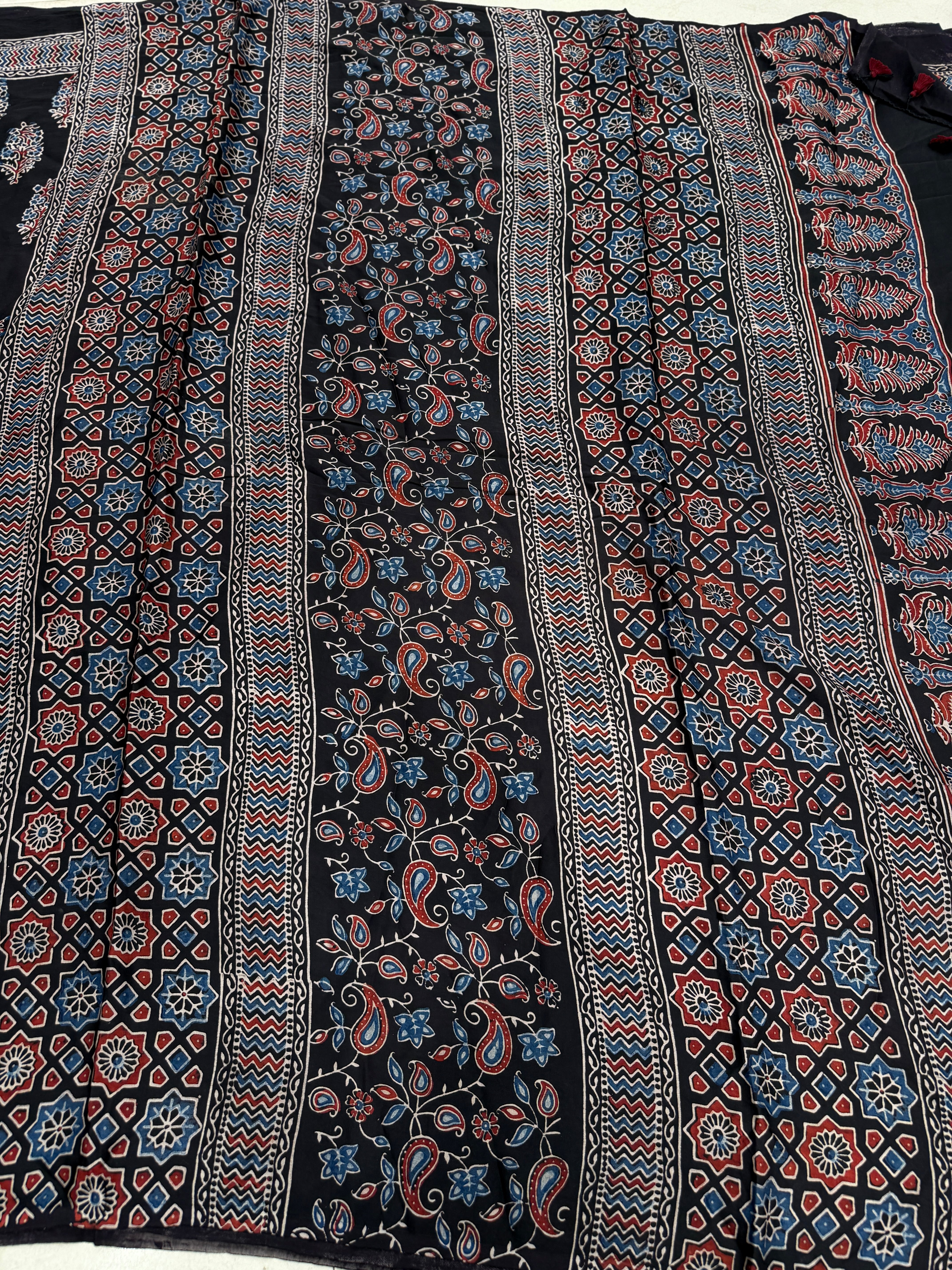 Black Tree Butta Ajrakh Hand Block Print Pure Gajji Silk Saree