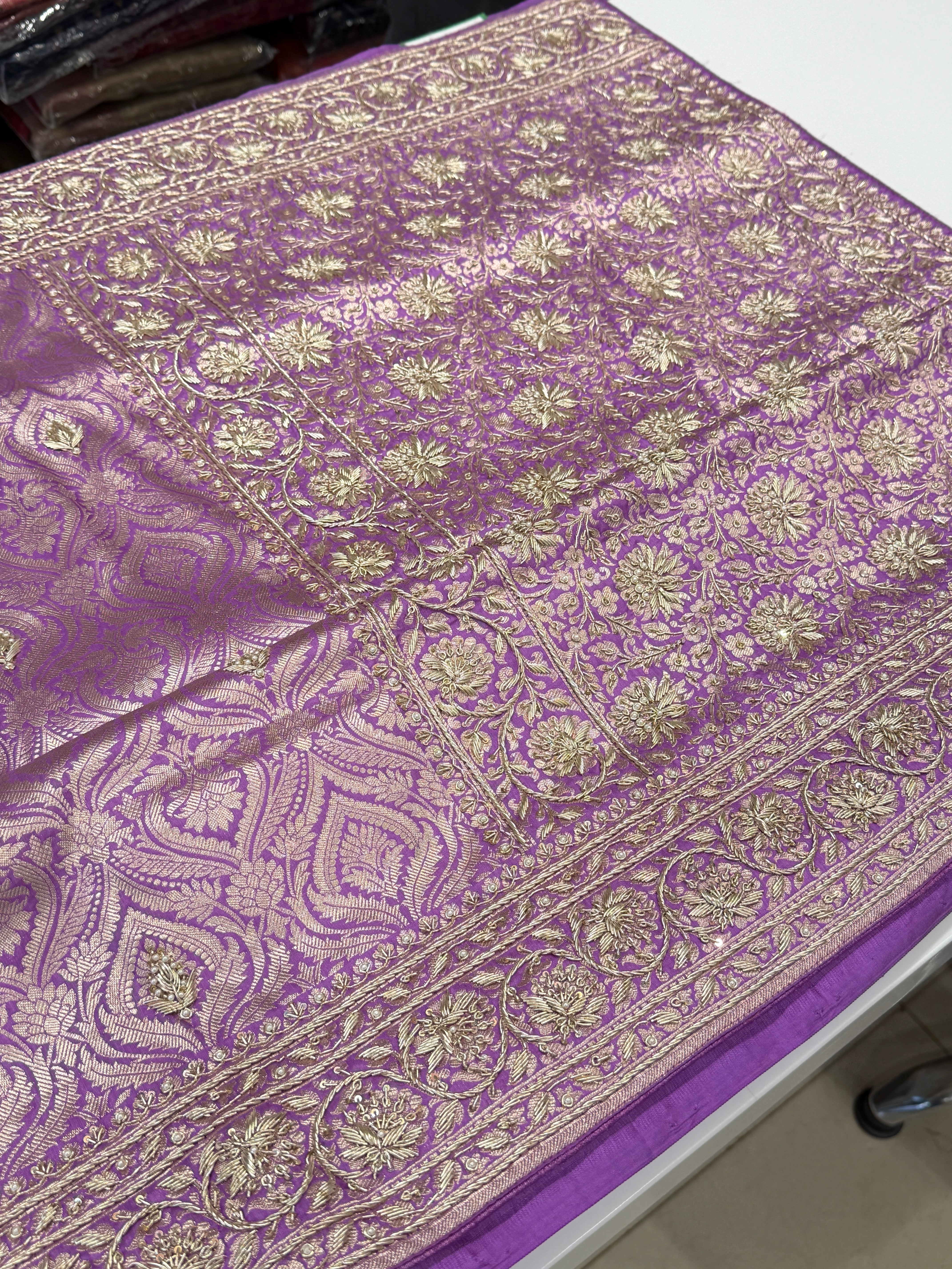 Lilac Brocade Handloom Banarasi Pure Katan Zardosi Embroidery Saree