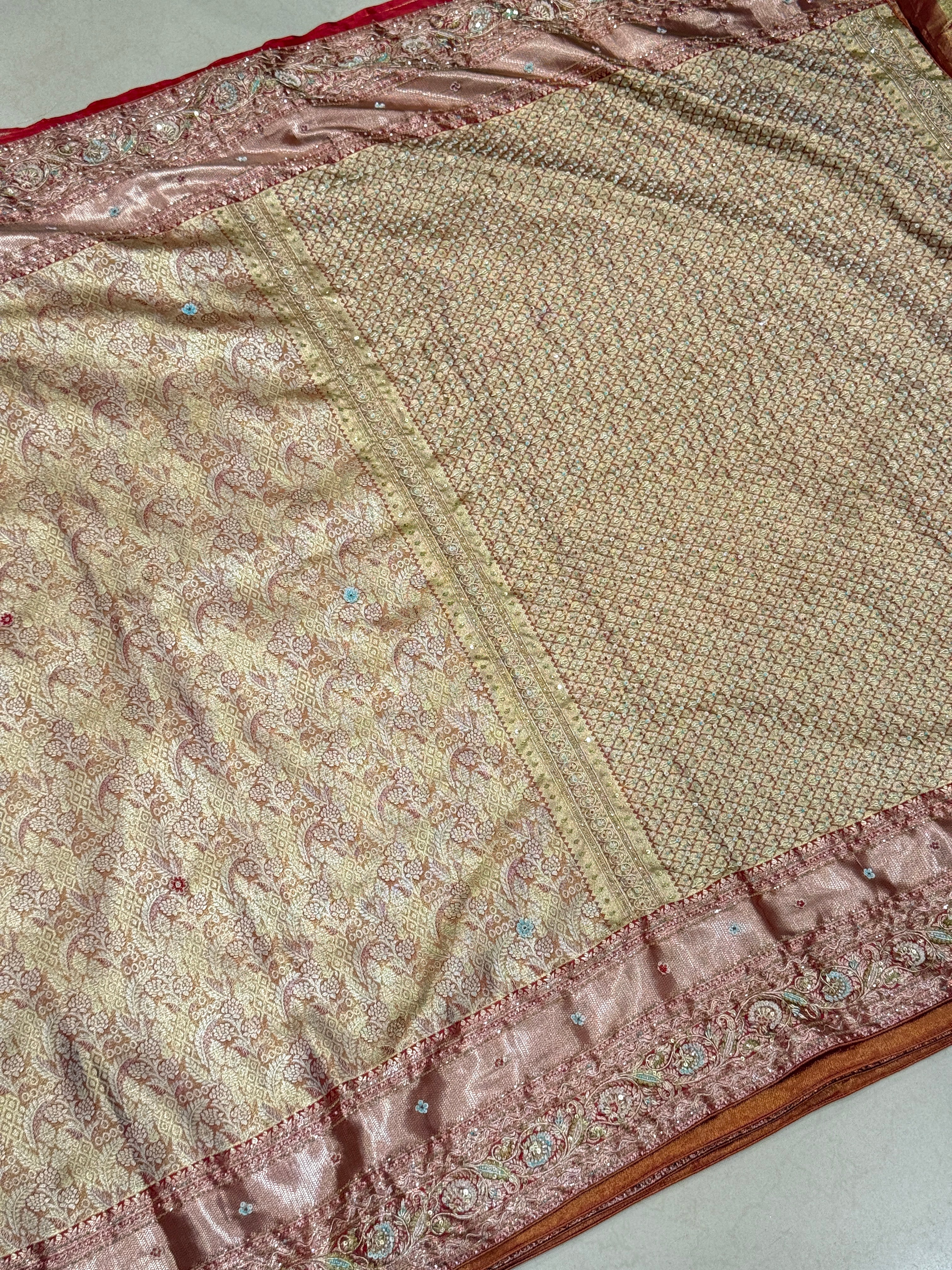 Golden Red Tissue Kanjivaram Hand Embroidery Saree