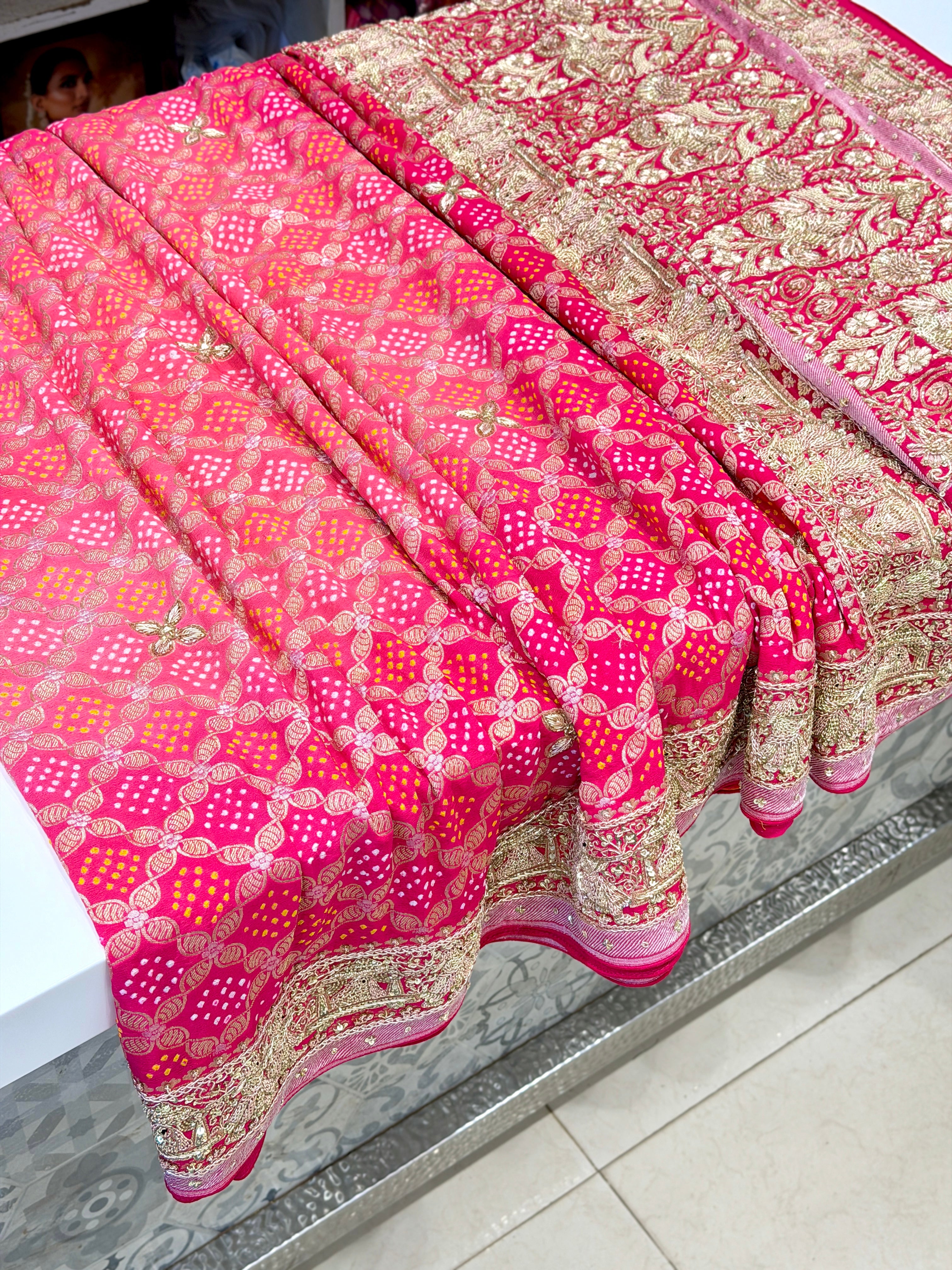 Strawberry Shaded Bandhej Zardodi Doli Edit Hand Embroidery Saree