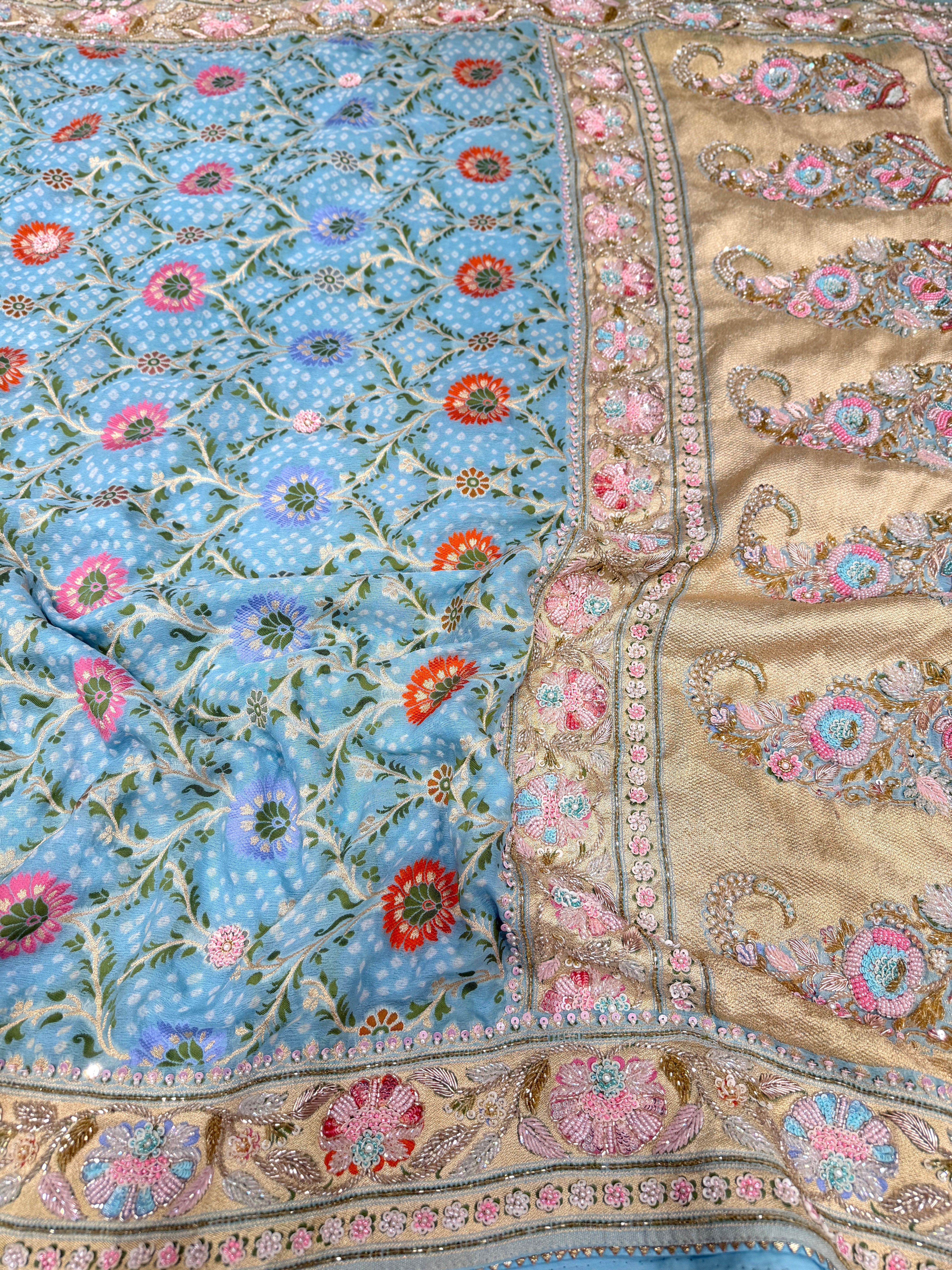 Pastel Blue Meenakari Bandhej Zardodi Kidiya Moti Hand Embroidery Saree