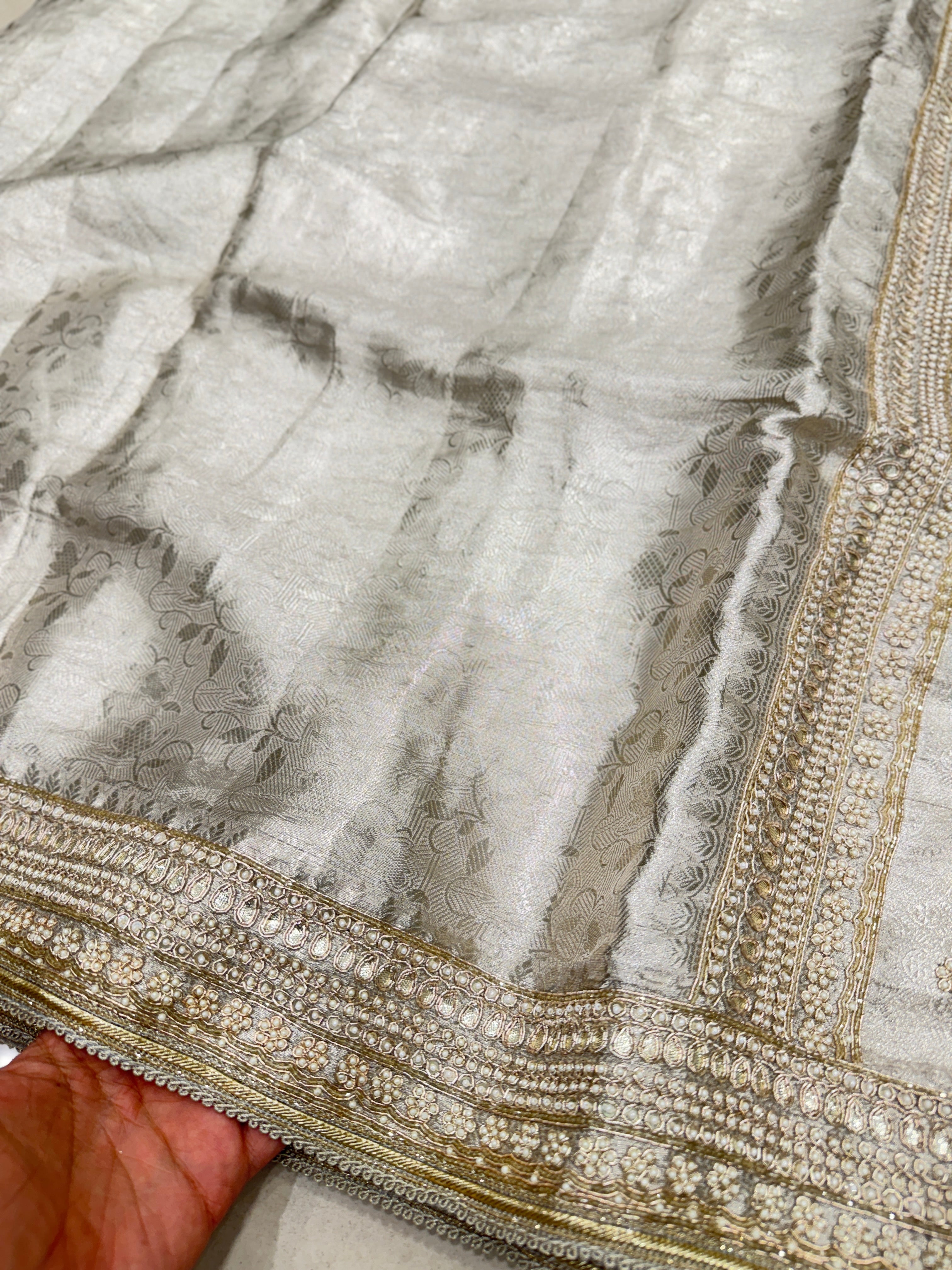Silver Tissue Kanjivaram Moti Hand Embroidery Saree