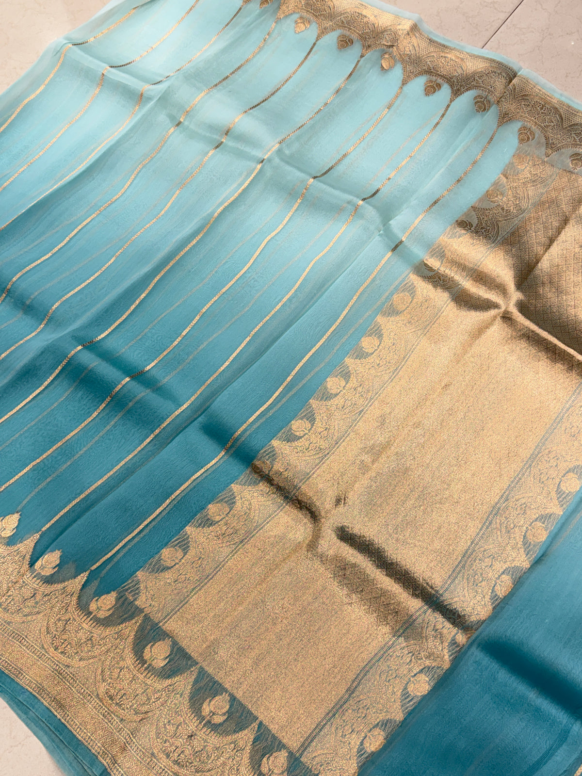 Blue Shaded Contemporary Handloom Banarasi Kora Silk Saree