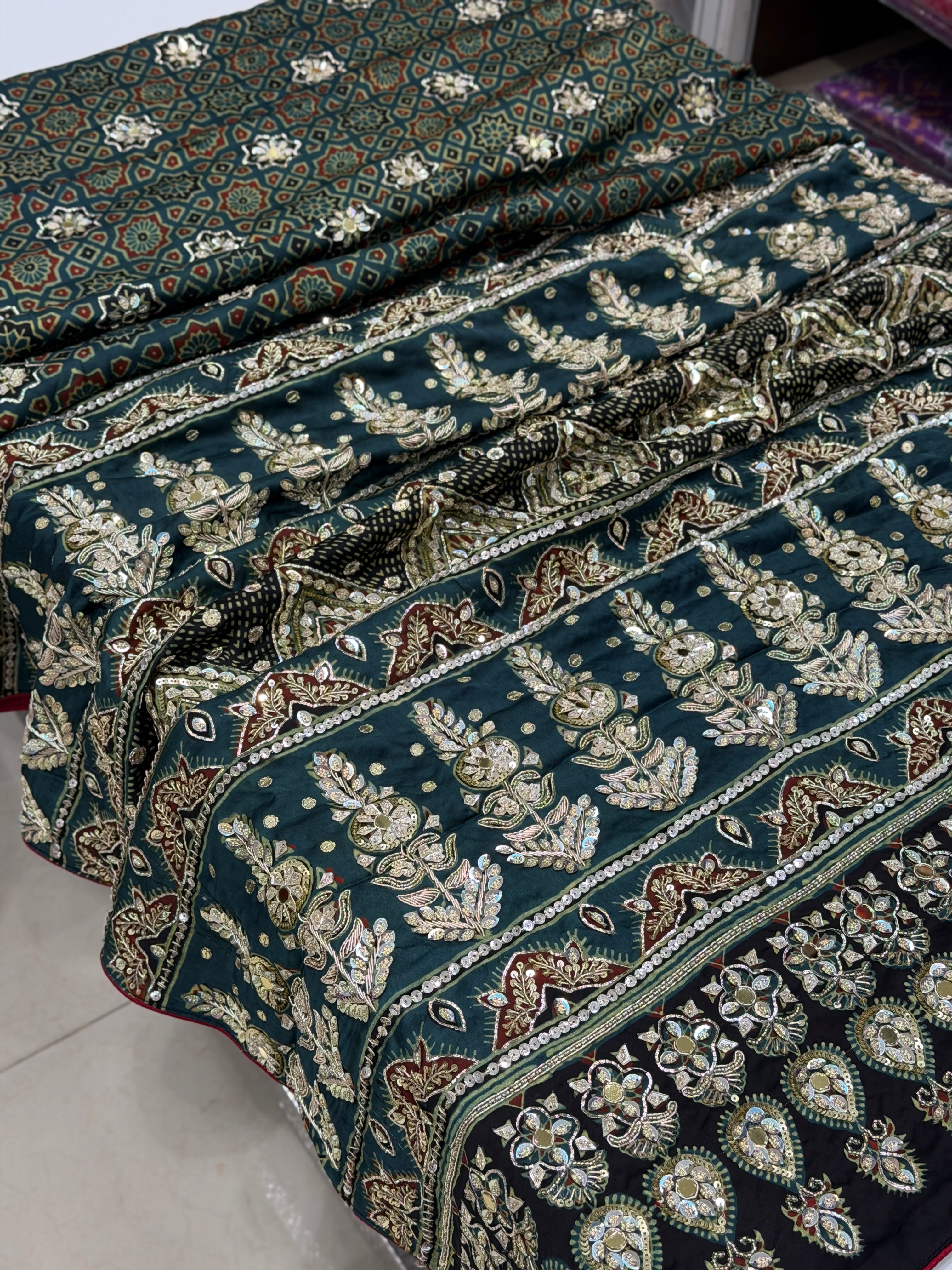 Bottle Green Pita Sequin Ajrakh Hand Embroidery Saree