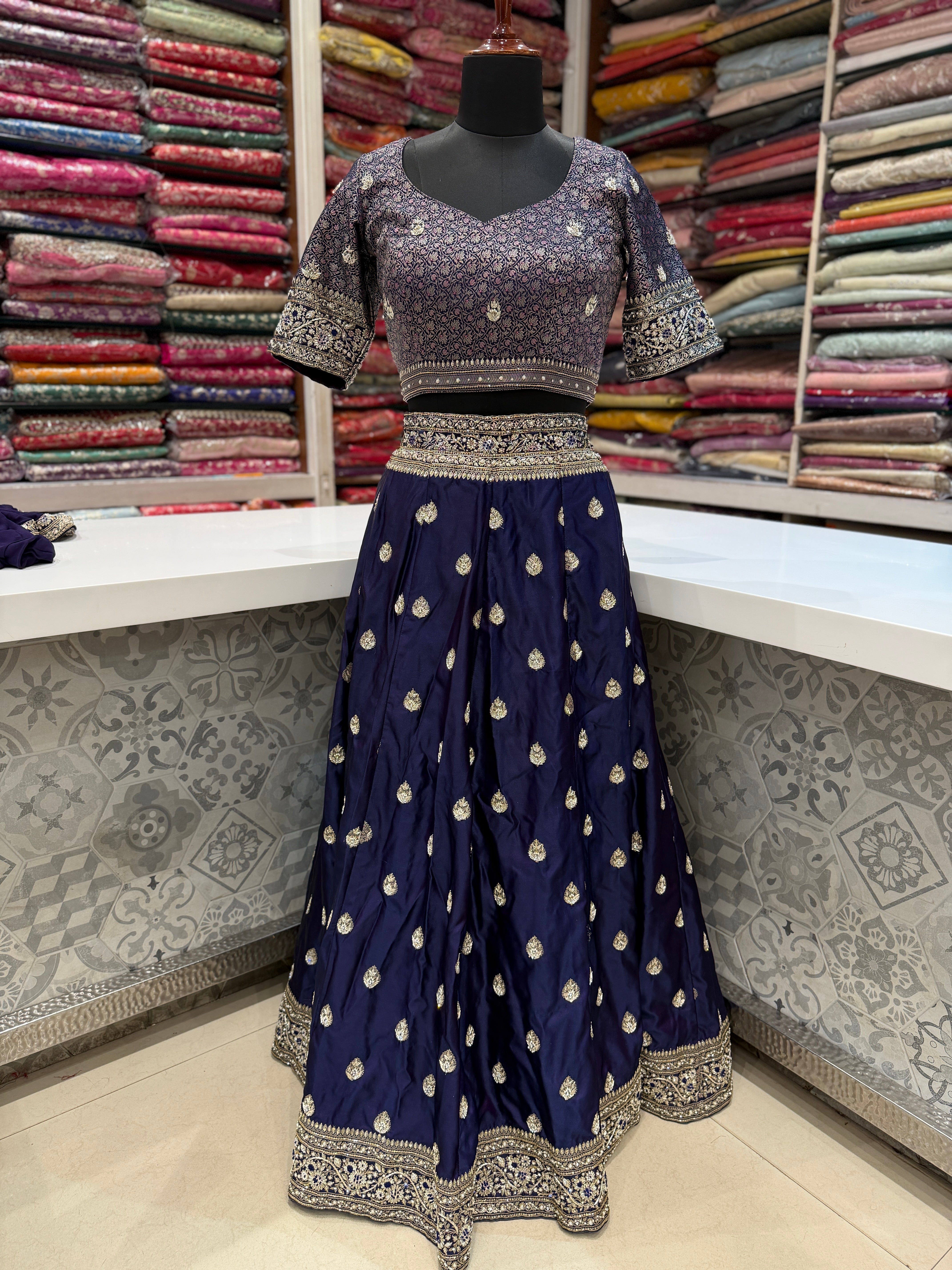 Cross Violet Banarasi Hand Embroidery Lehenga