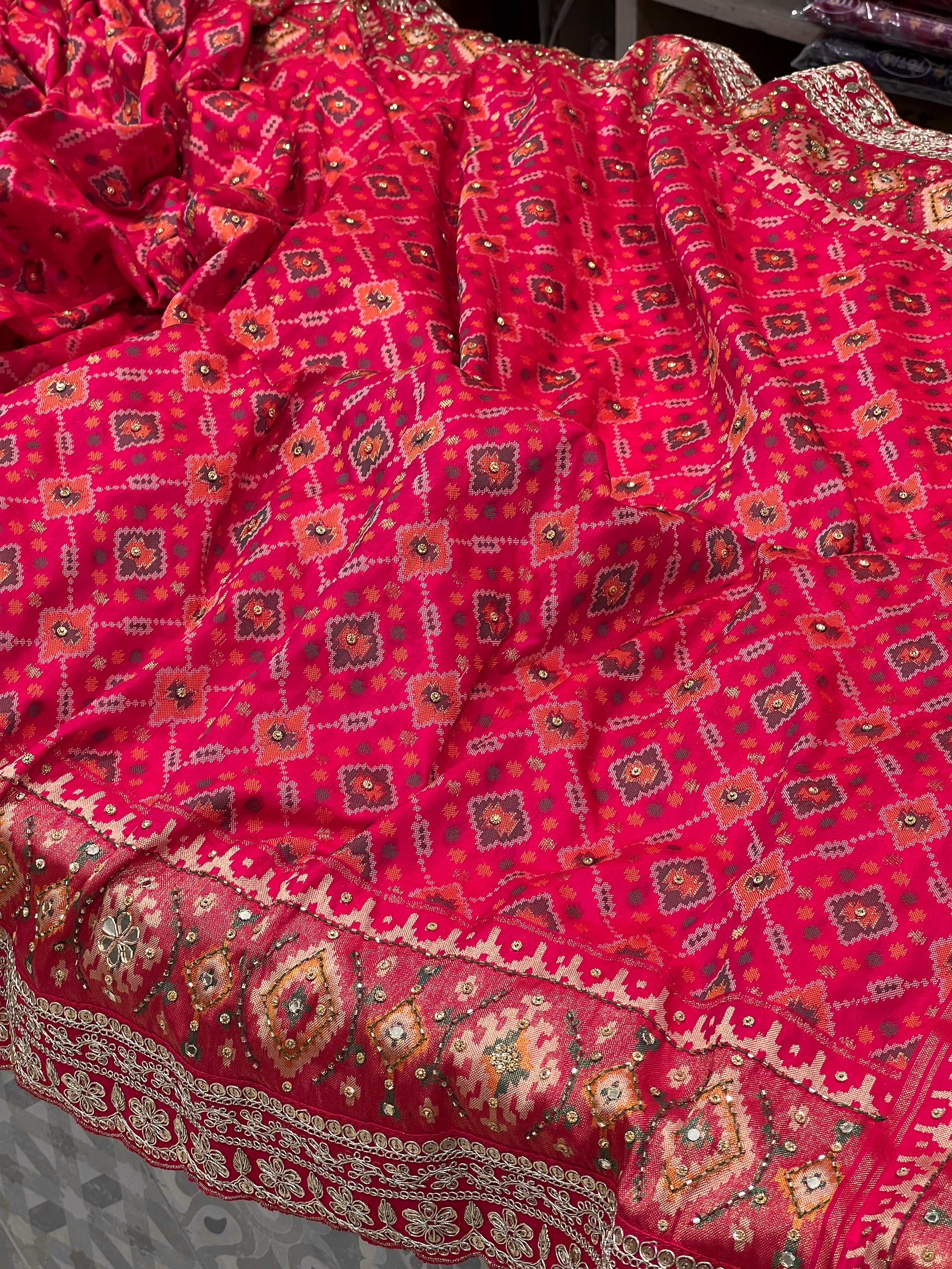 Pinkish Red Patola Hand Embroidery Saree