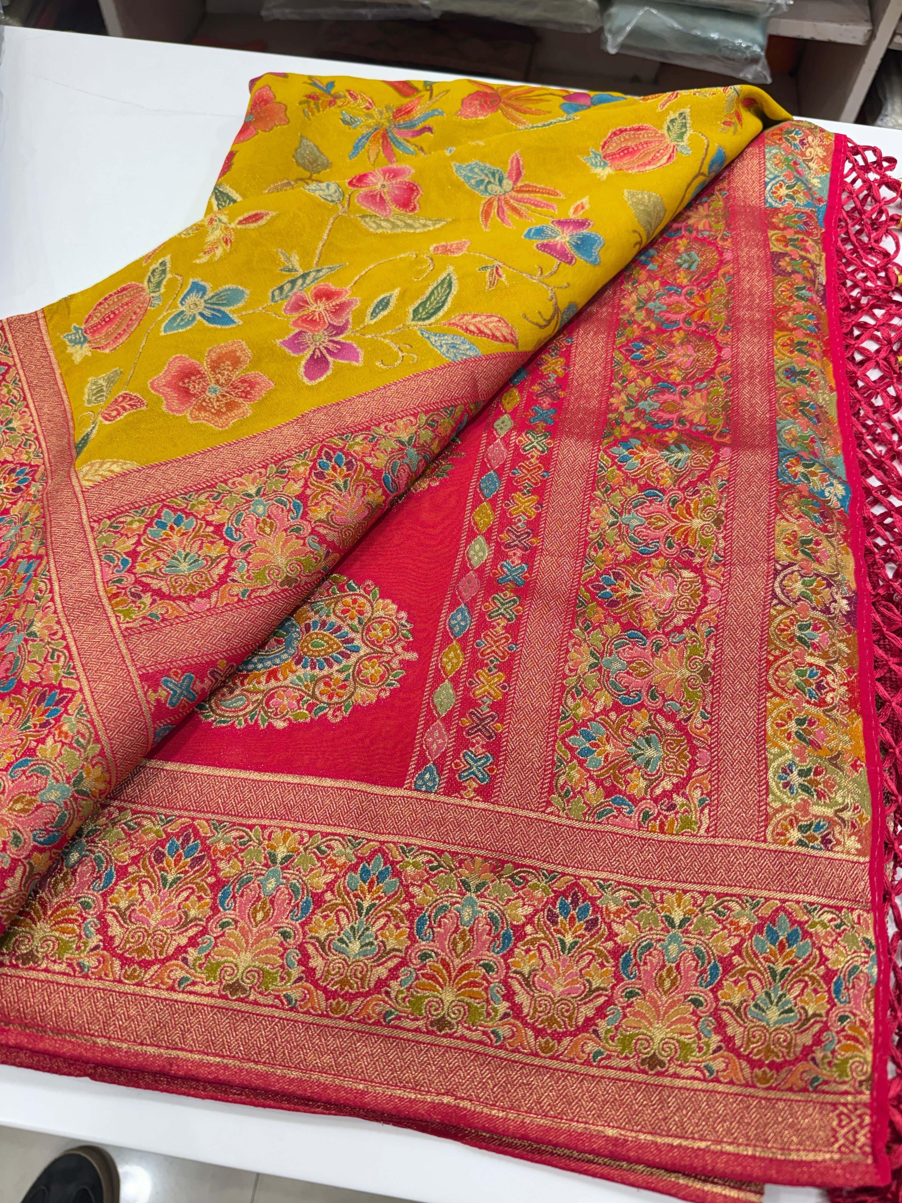 Yellow Banarasi Khaddi Georgette Brush Effect Saree