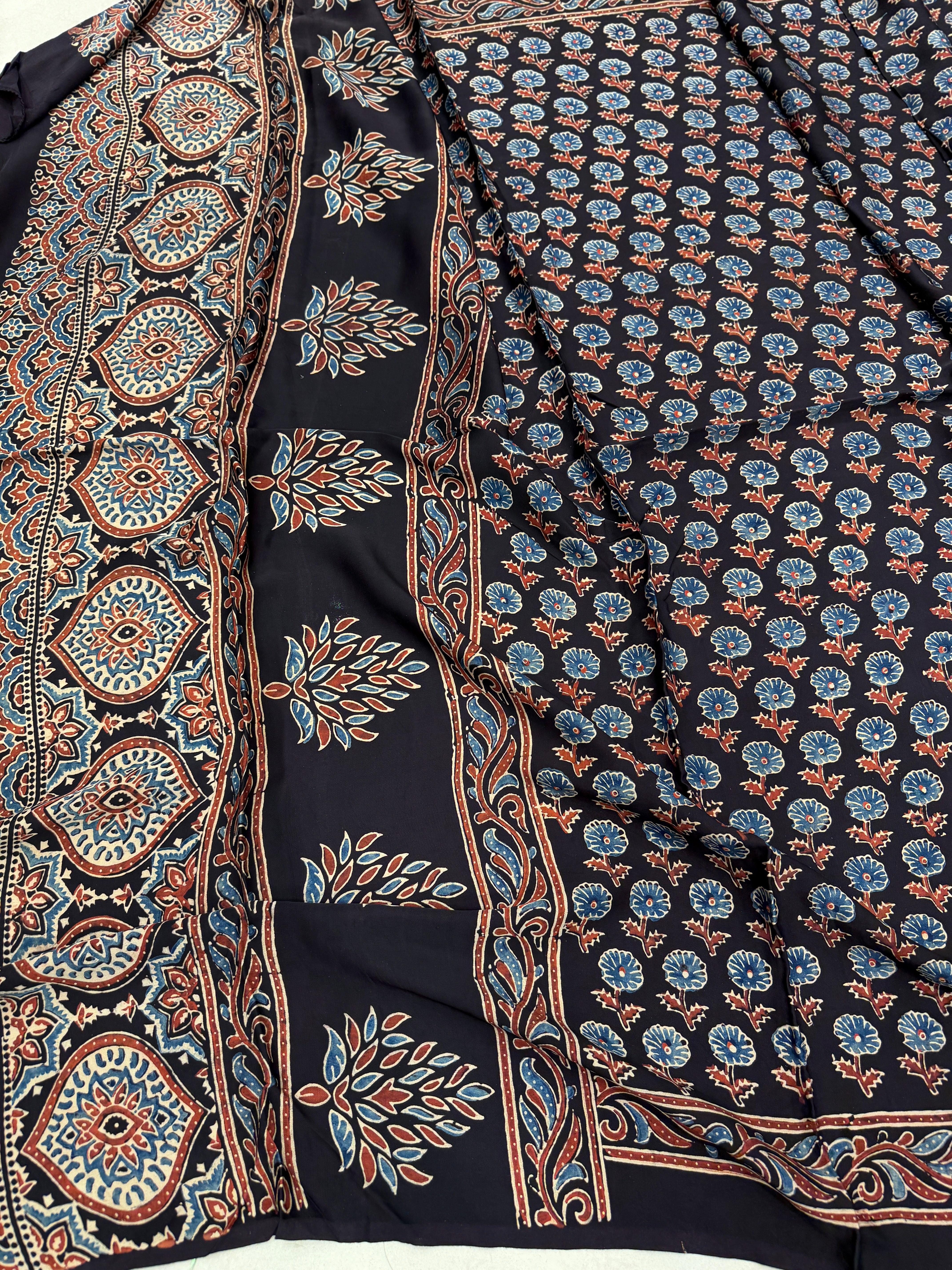 Black Buttis Ajrakh Hand Block Print Pure Gajji Silk Dupatta