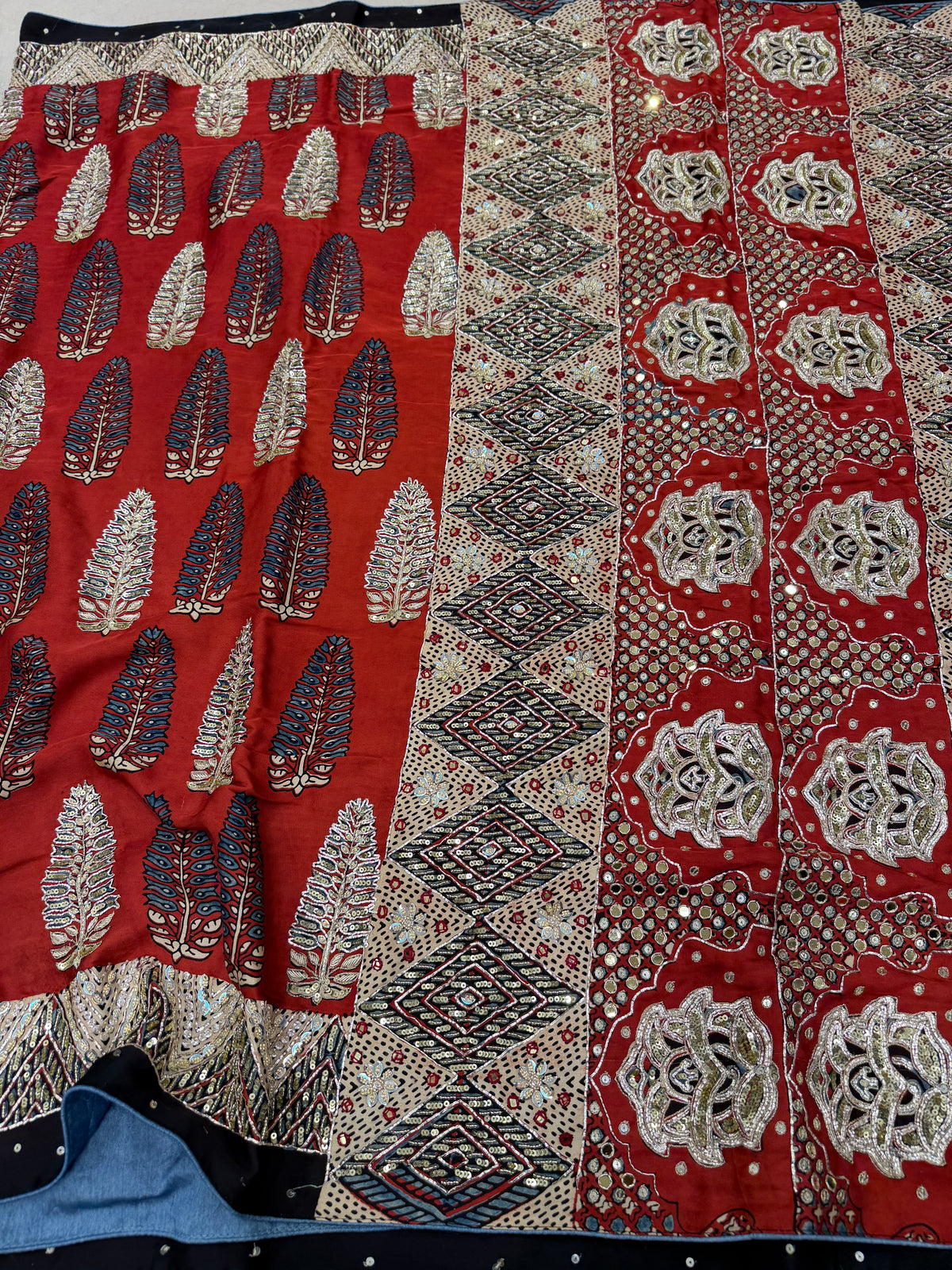 Red Buttas Pita Zardosi Sequin Ajrakh Hand Embroidery Saree