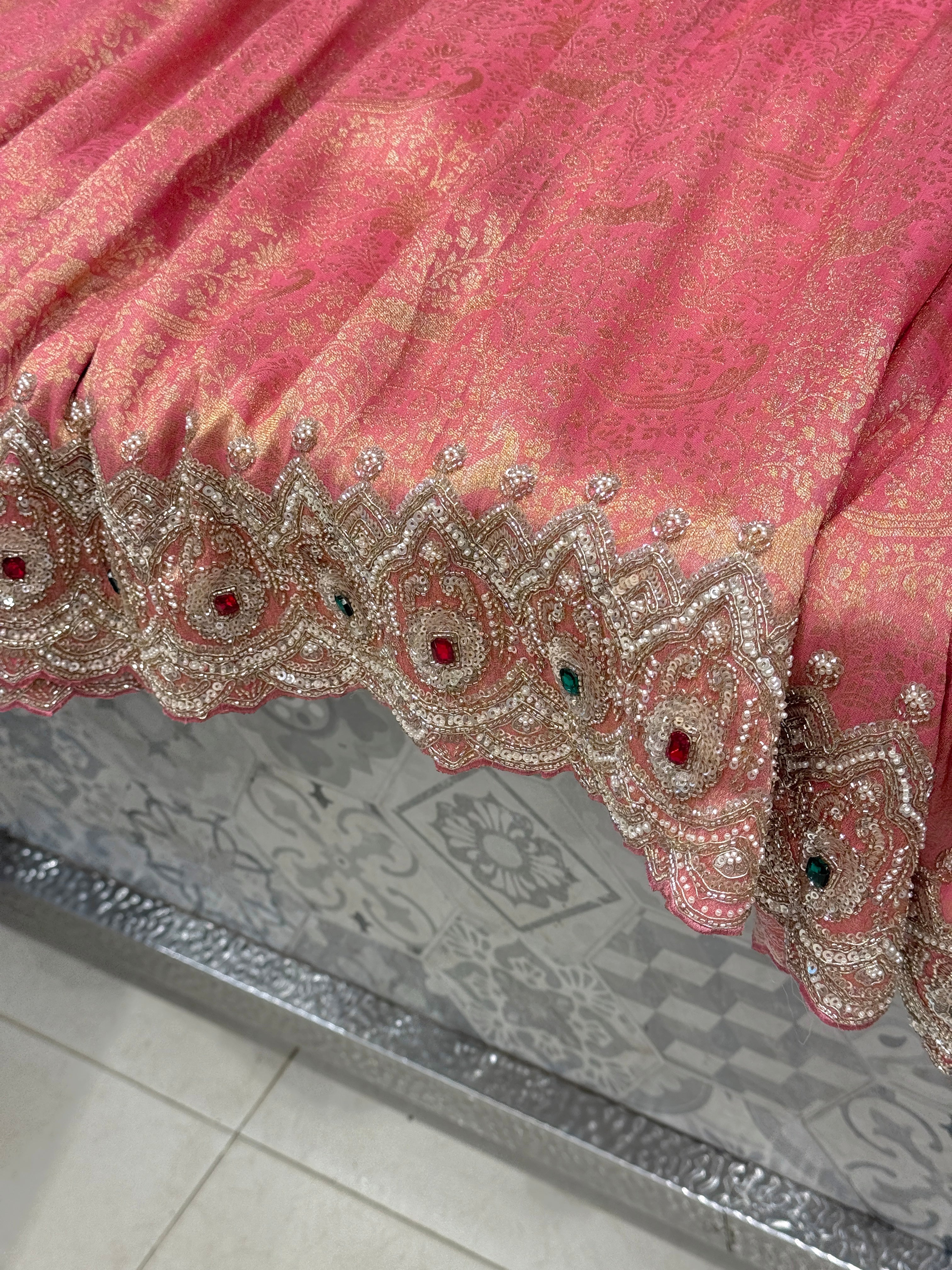 Peach Pink Tissue Crepe Shikara Style Weave Crystal Embroidery Saree