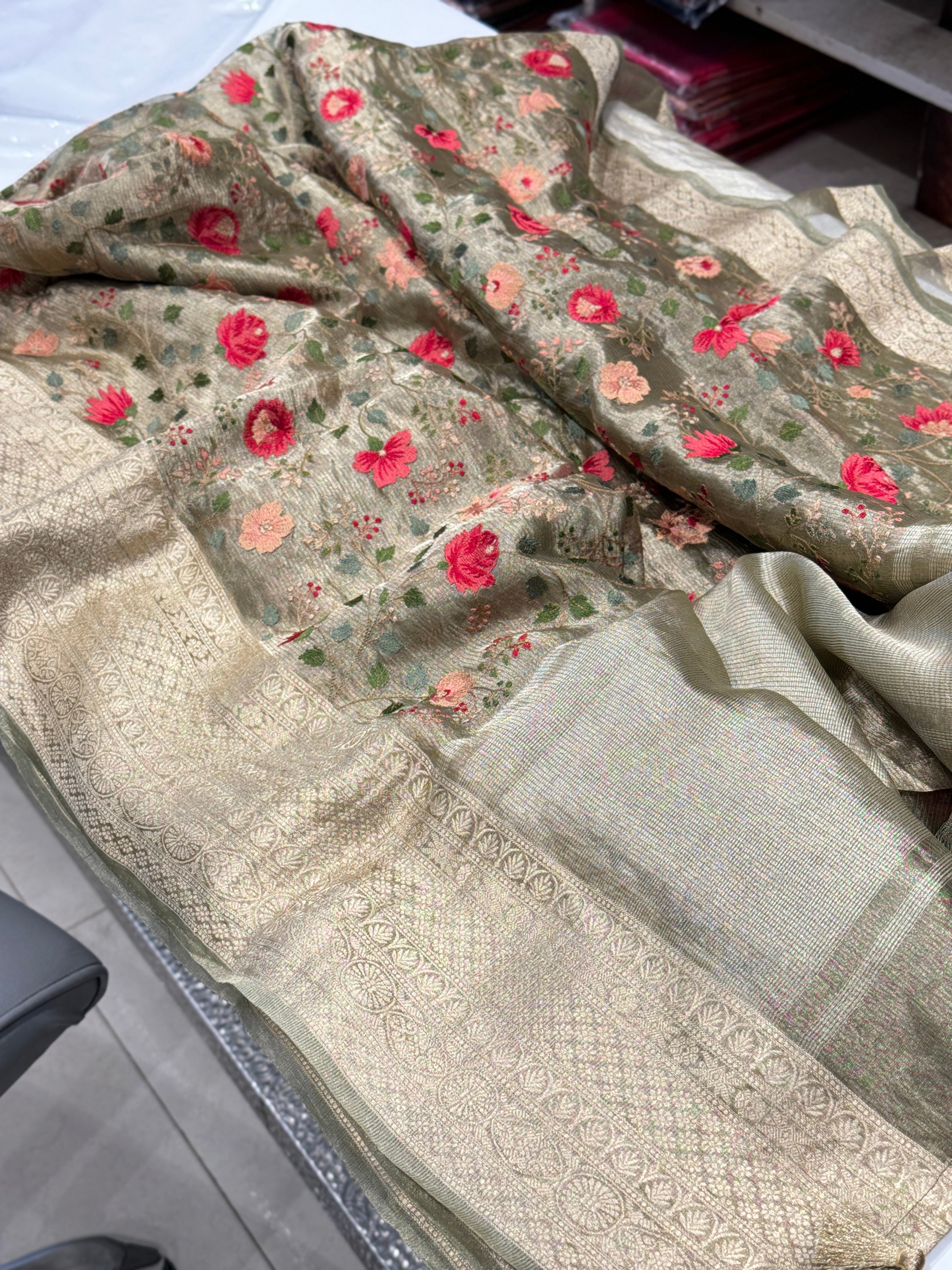 Zari Tissue Embroidery Resham Saree