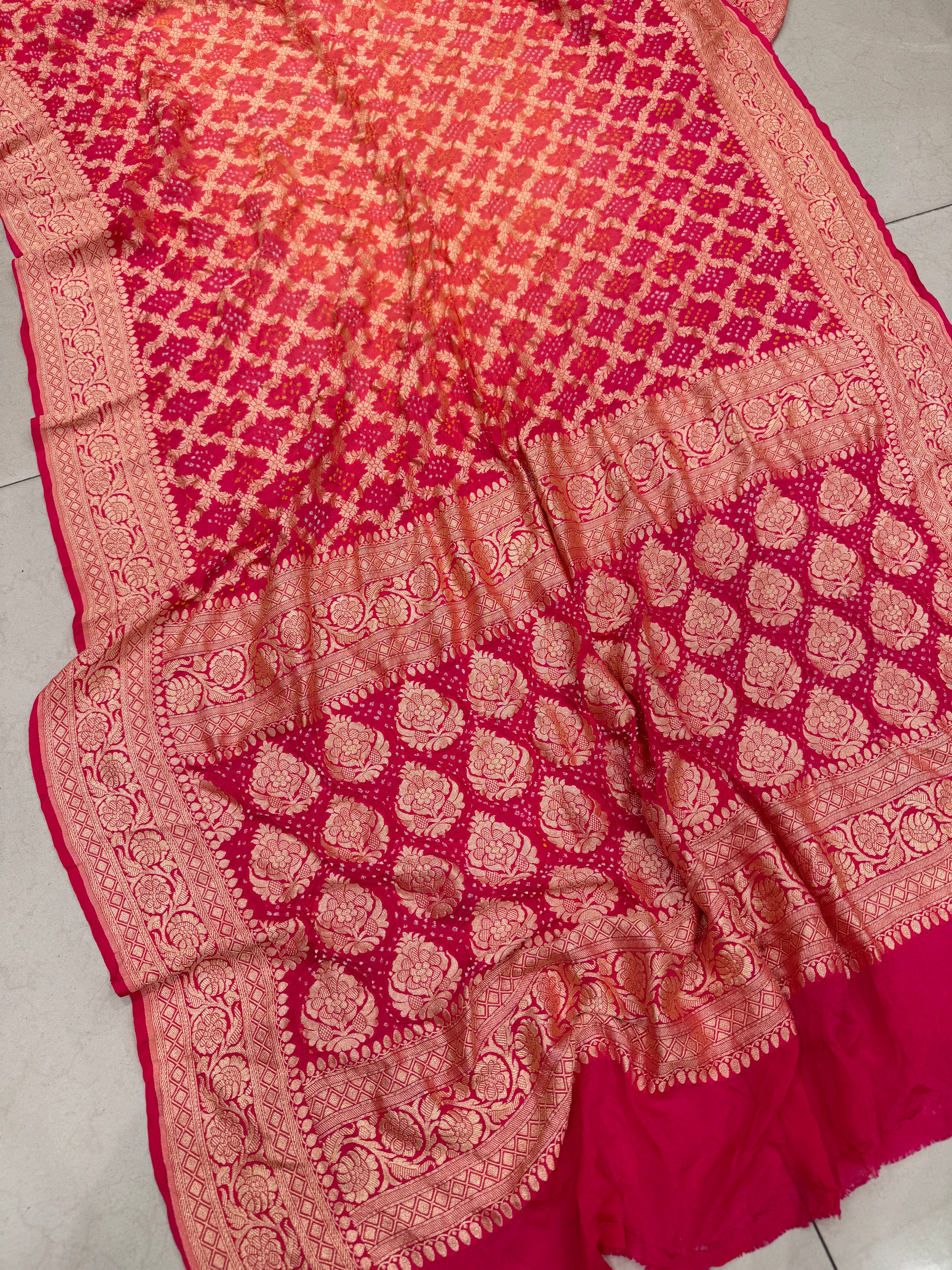 Strawberry Peach Shaded Bandhej Bandhini Saree