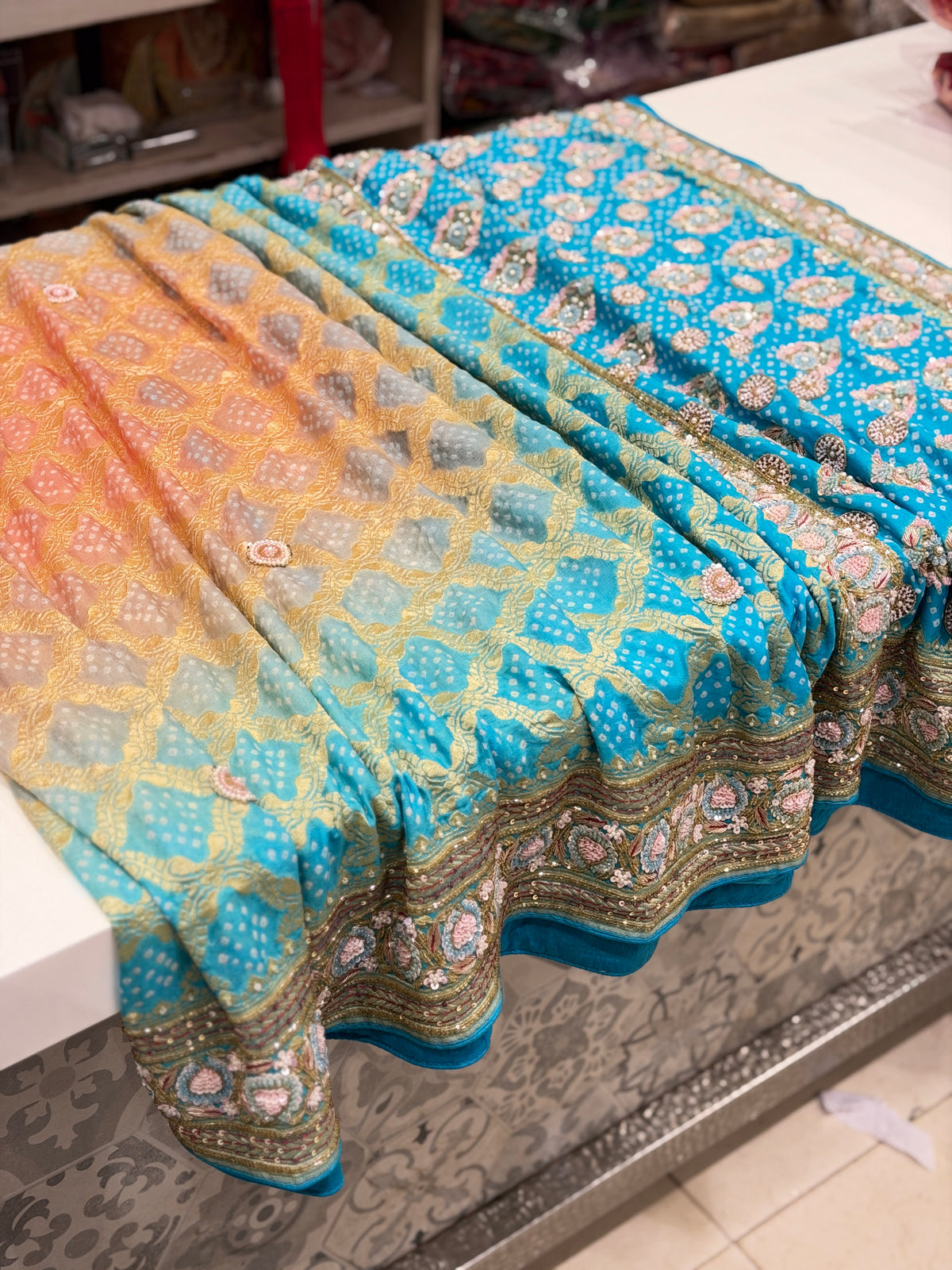 Pastel Shaded Bandhej Hand Embroidery Moti Zardosi Saree
