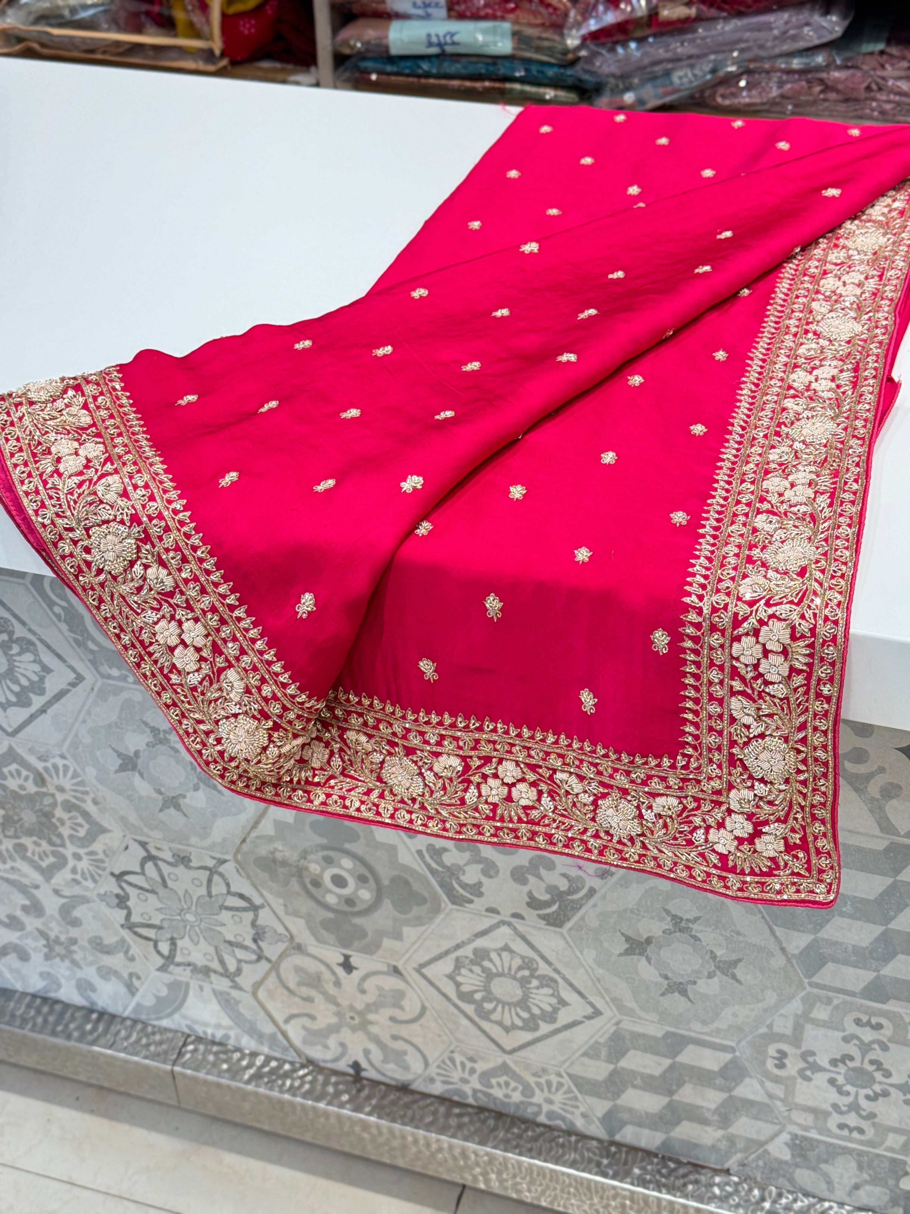 Rani Pink Buttis Satin Hand Embroidery Zardosi Saree