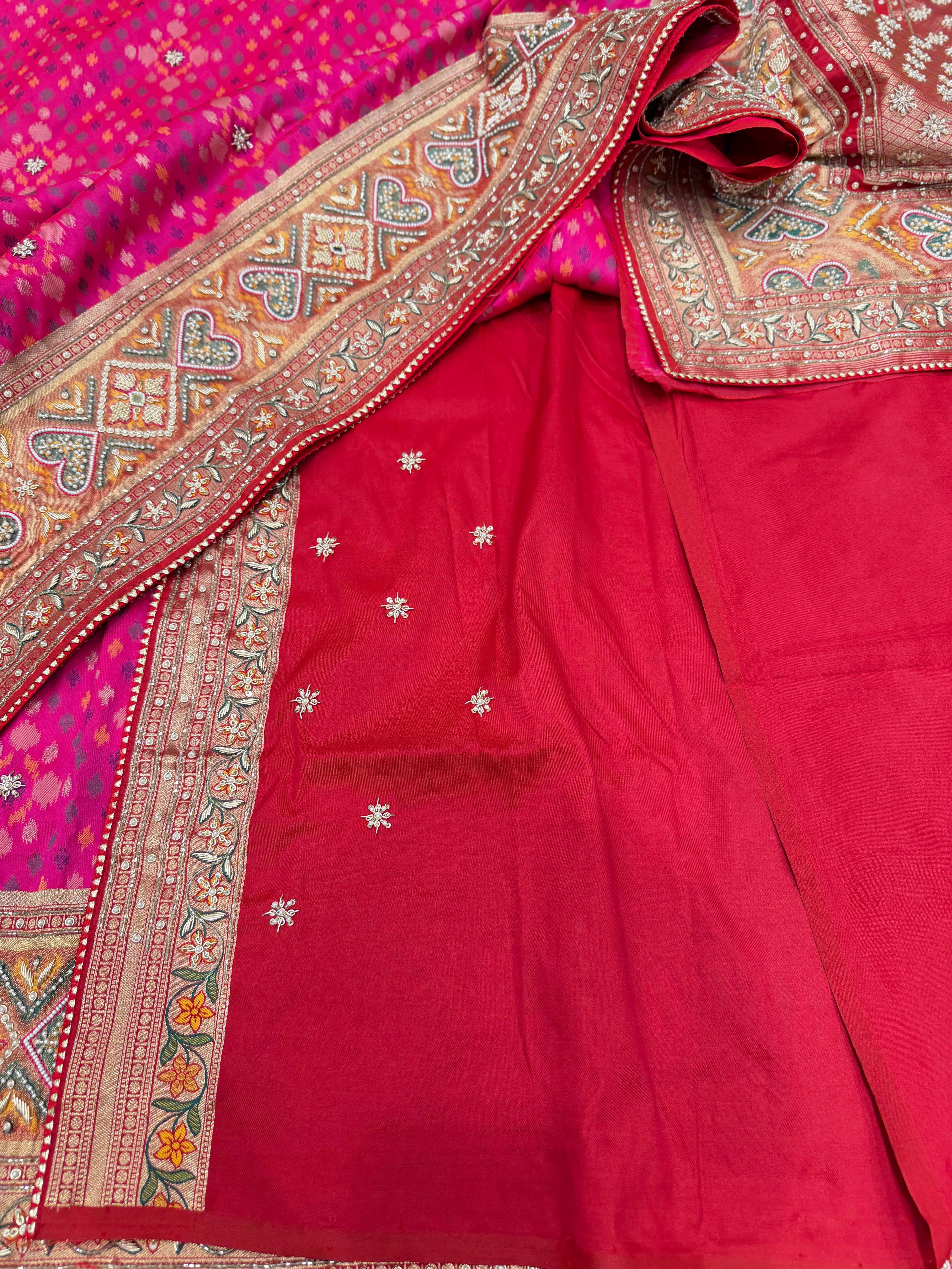 Rani Pink Patola Zardosi Hand Embroidery Saree Small Ikat