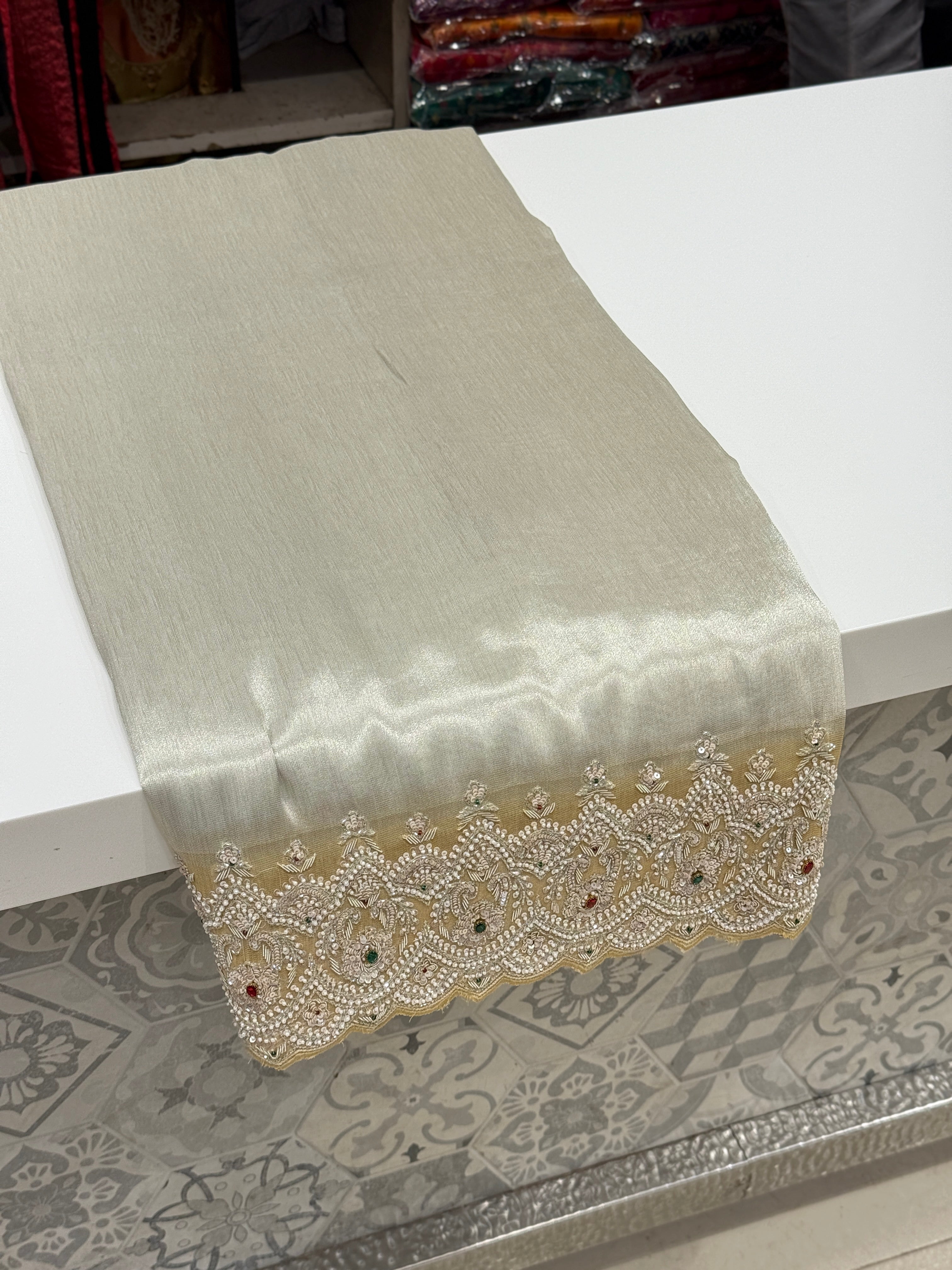 Silver Gold Tissue Hand Embroidery Crystal Embroidery Saree