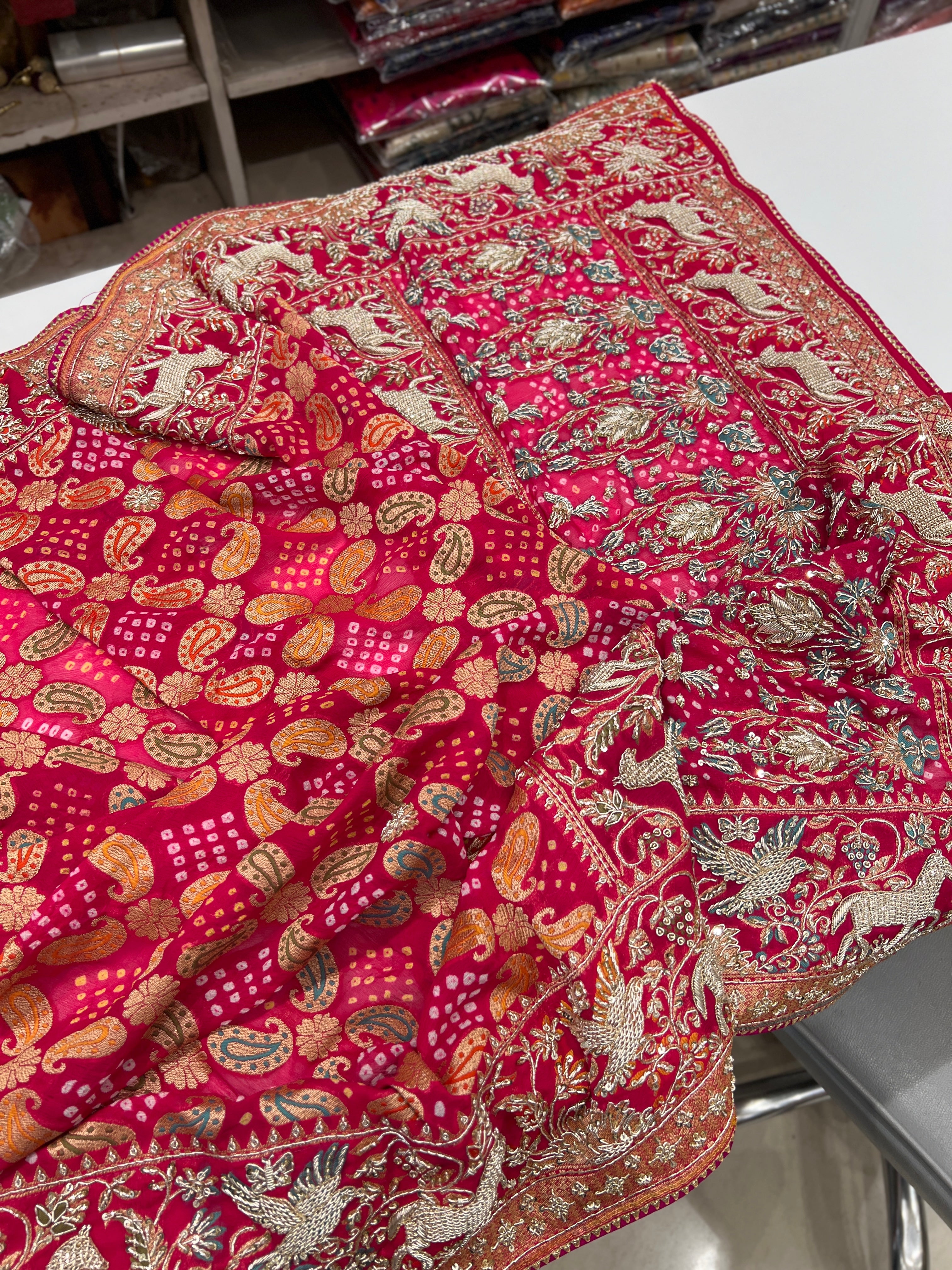 Pinkish Red Bandhej Meenakari Zardozi Saree