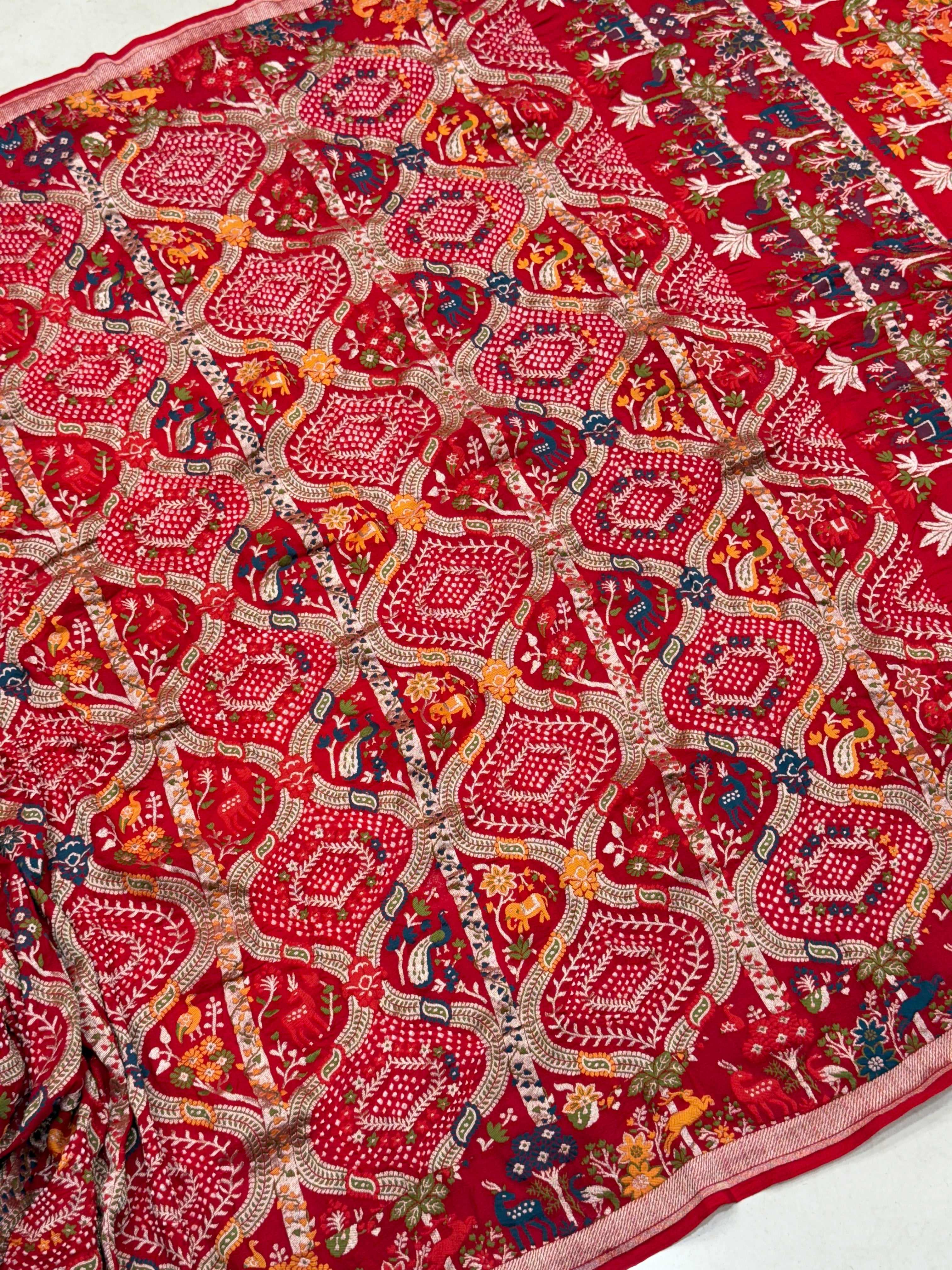 Red Meenakari Rai Bandhej Shikara Border Saree