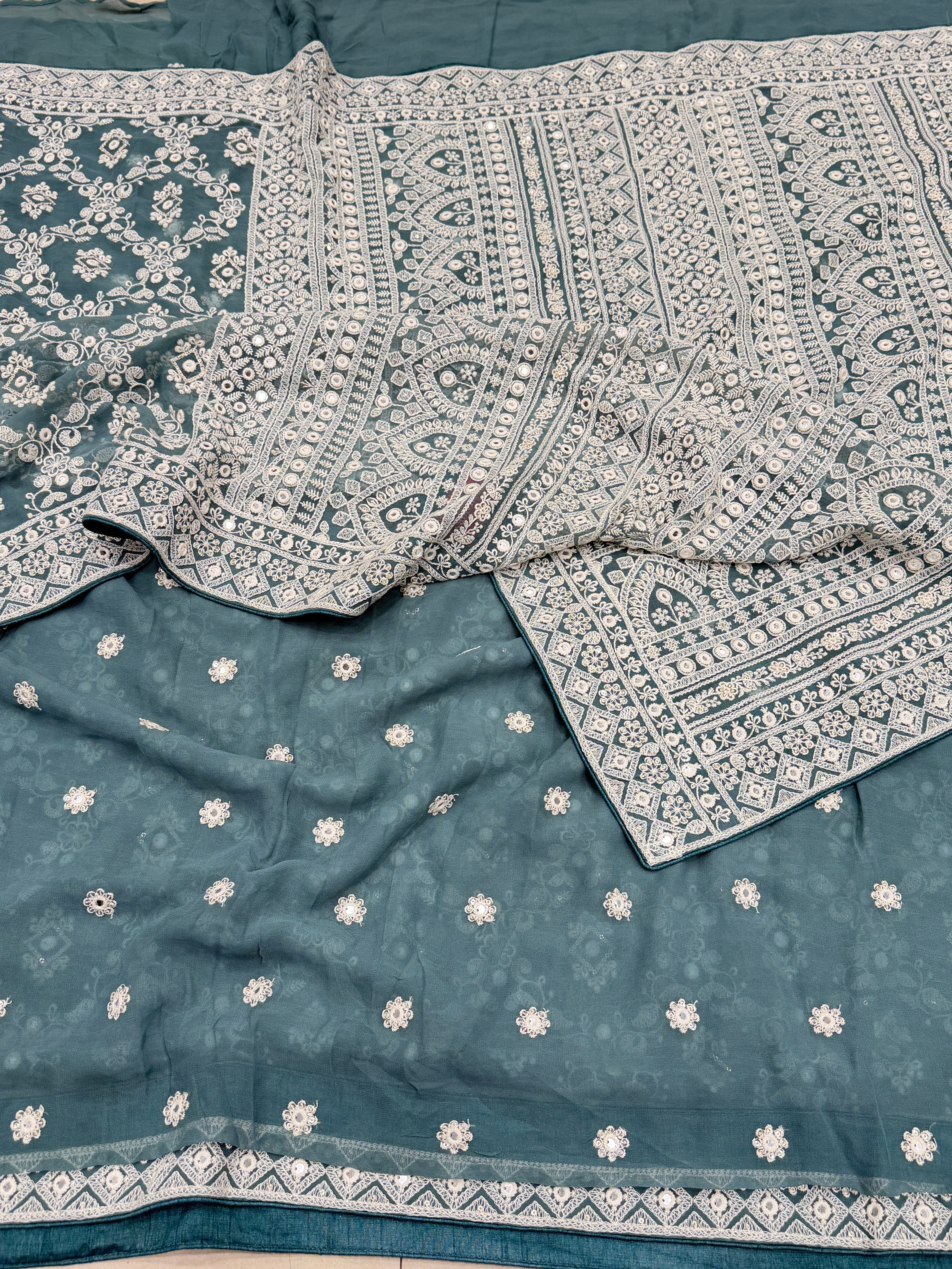 Mint Green Chikankari Jaal Georgette Resham Embroidery Saree