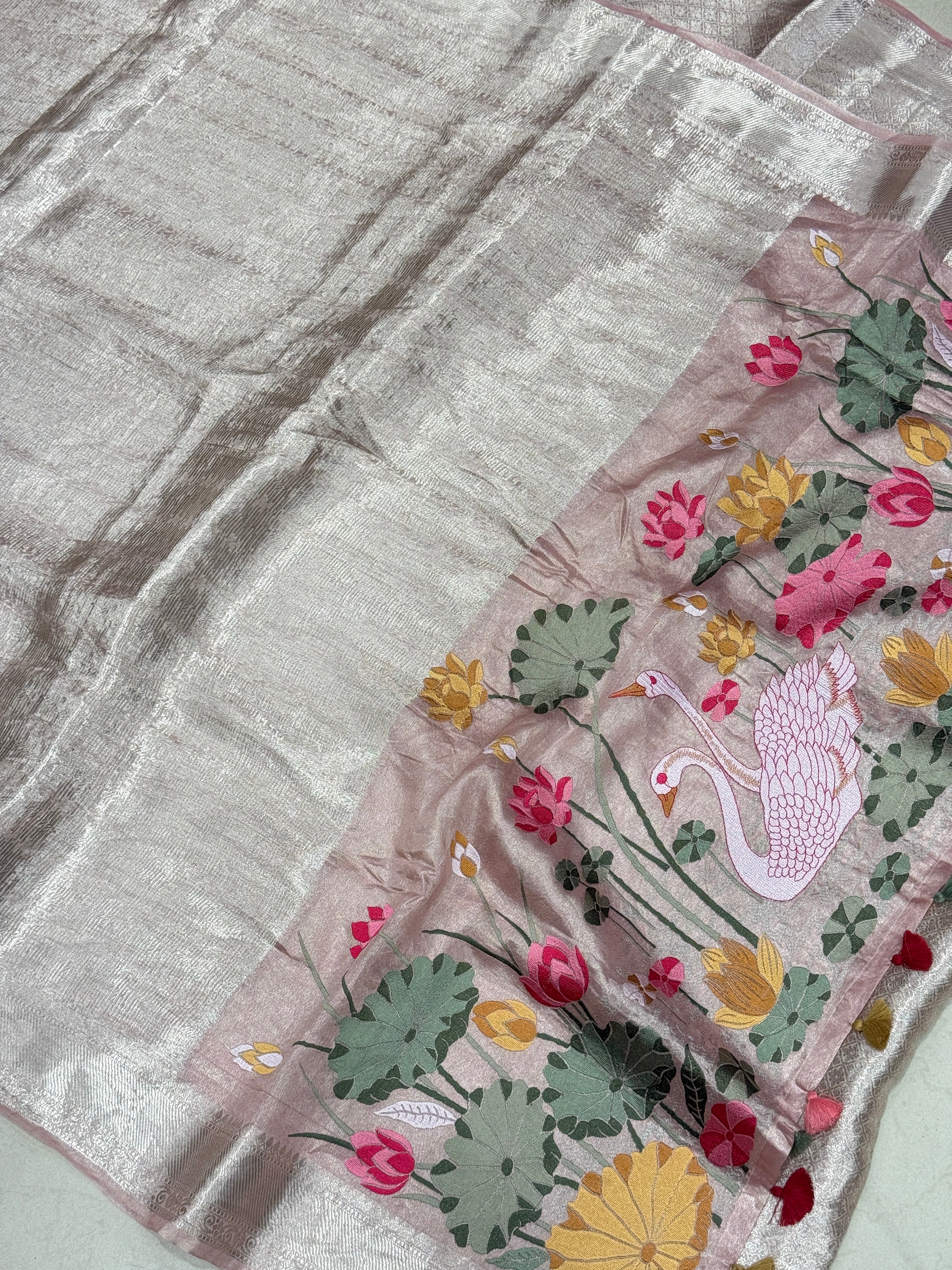 Nude Pink Silver Handloom Tissue Swans Contemporary Resham Embroidery Saree