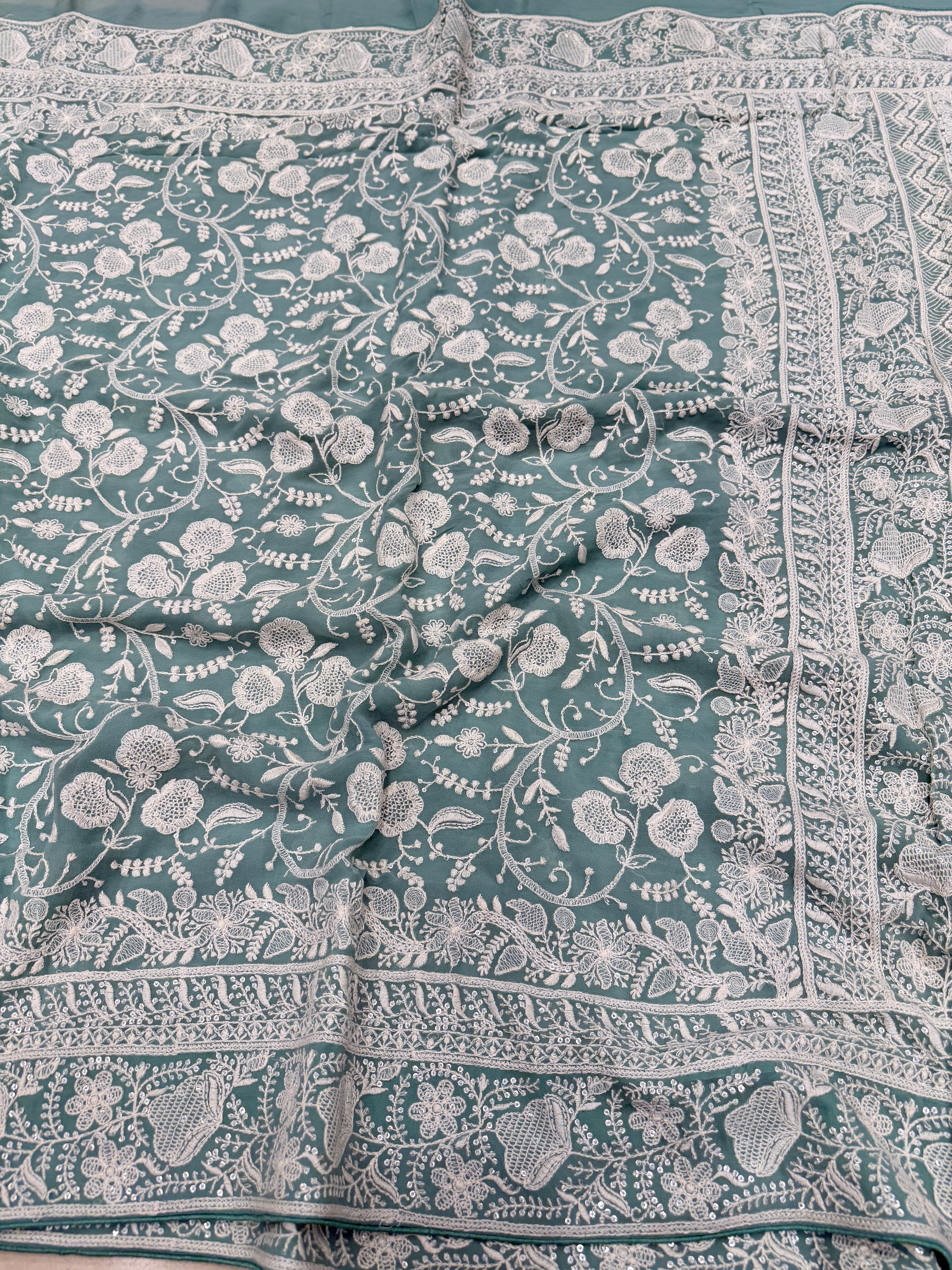 Mint Green Georgette Chikankari Three Floral Jaal Resham Embroidery Saree