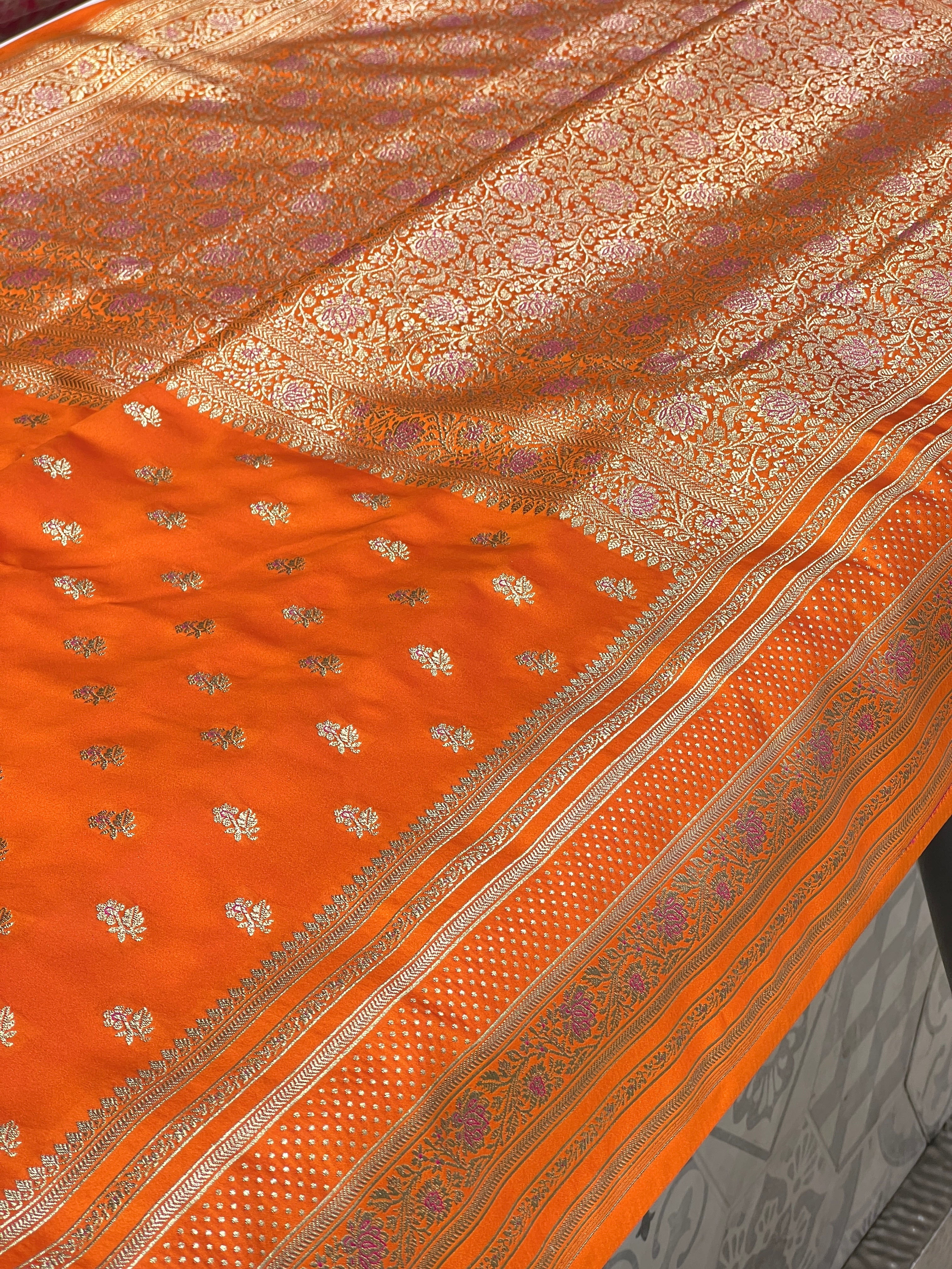 Orange Banarasi Silk Big Border Butti Saree