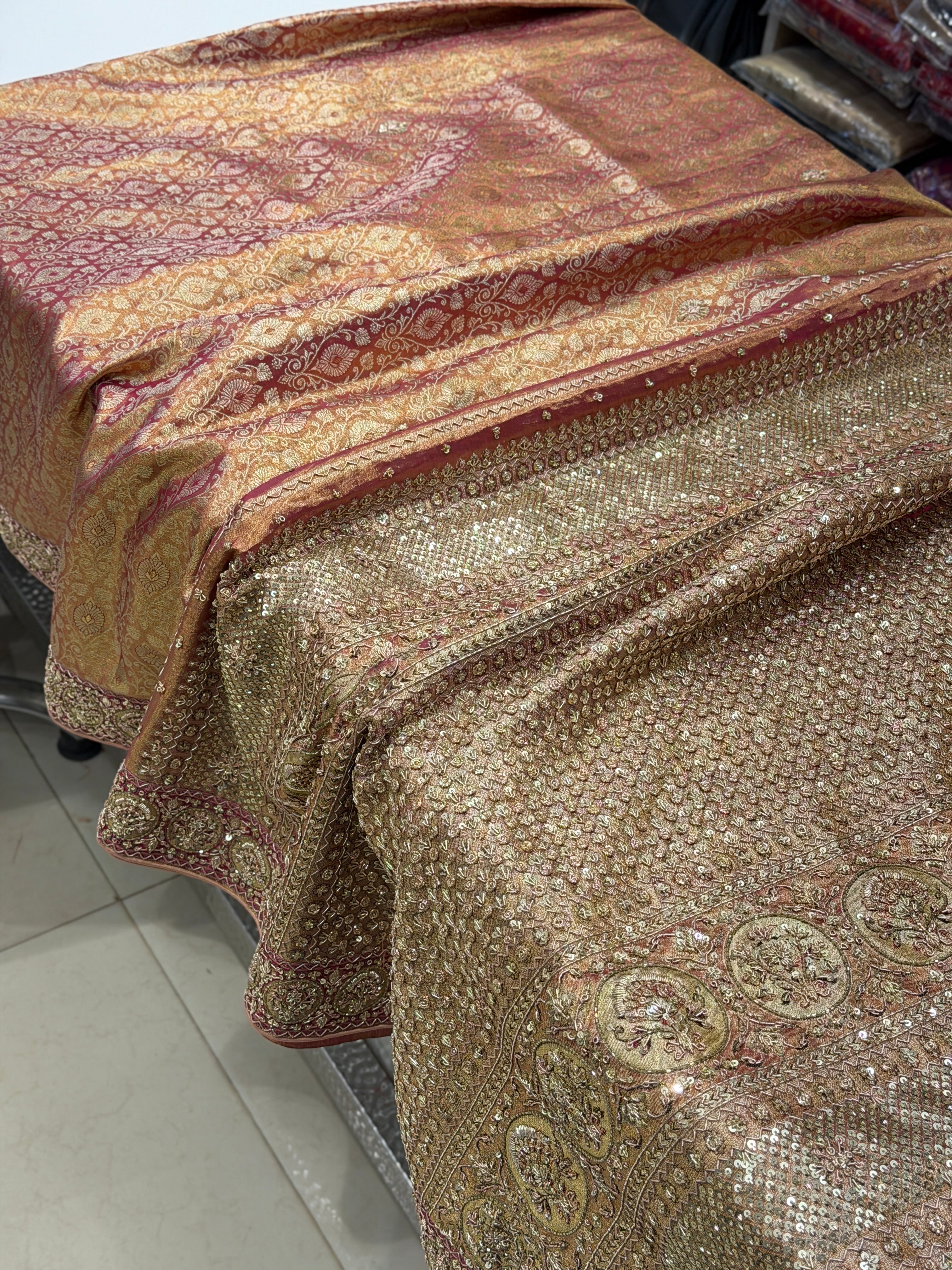 Golden Dhup Chav Kanjivaram Small Border Hand Embroidery Zardosi Saree