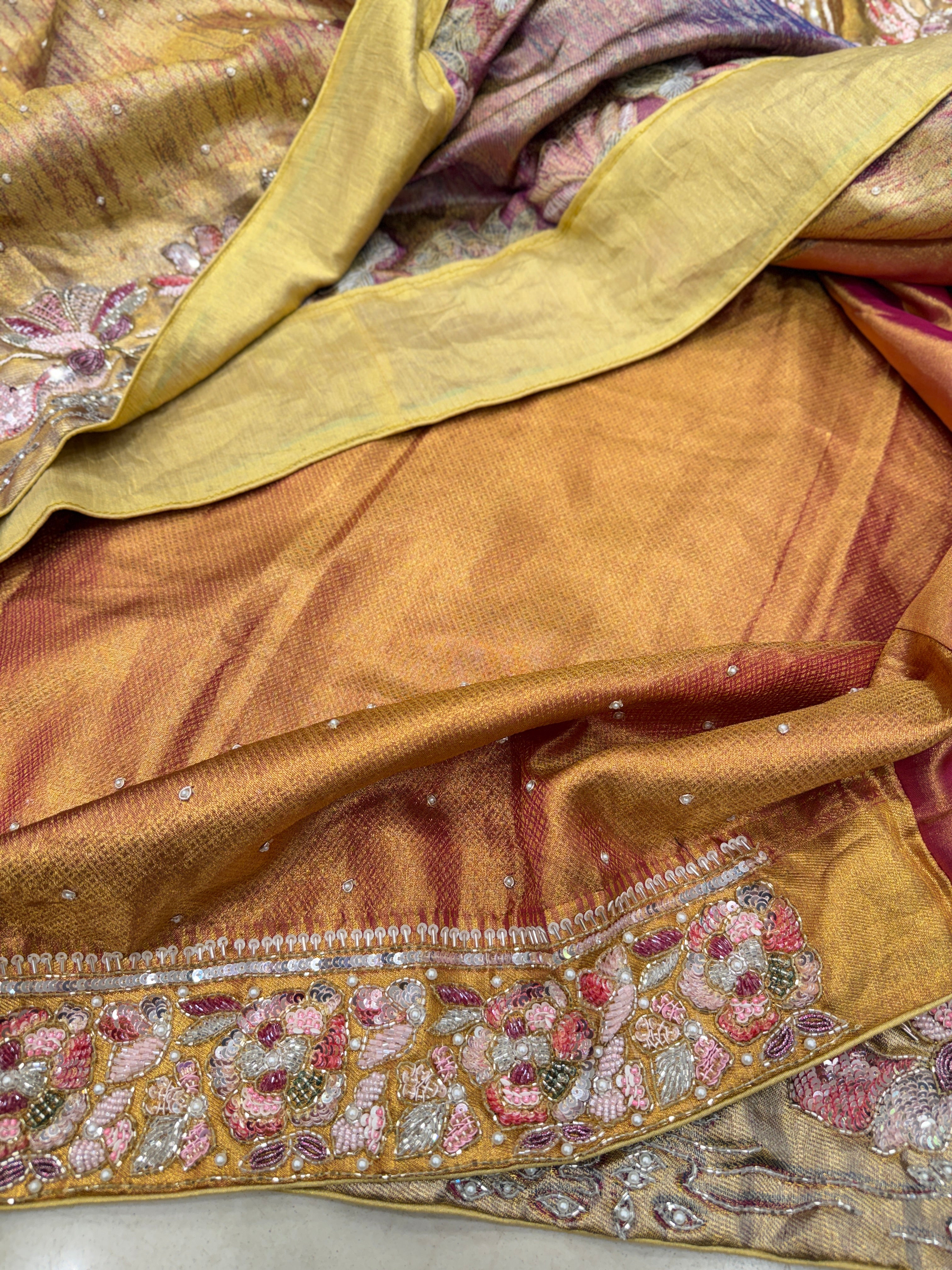 Contemporary Tissue Kanjivaram Moti Zardosi Hand Embroidery Saree