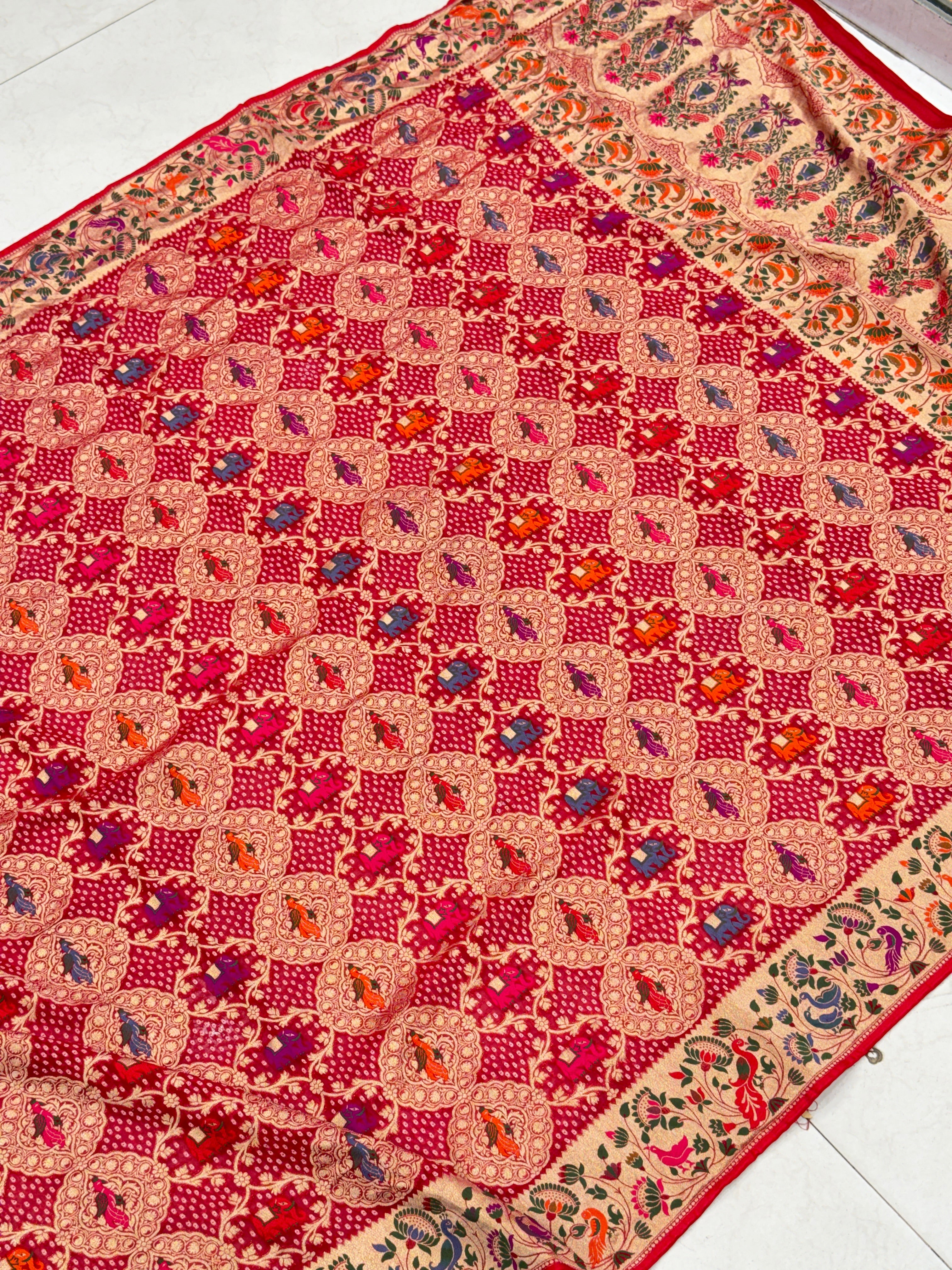 Red Woven Bandhej Dupatta Meenakari Peacock Motif