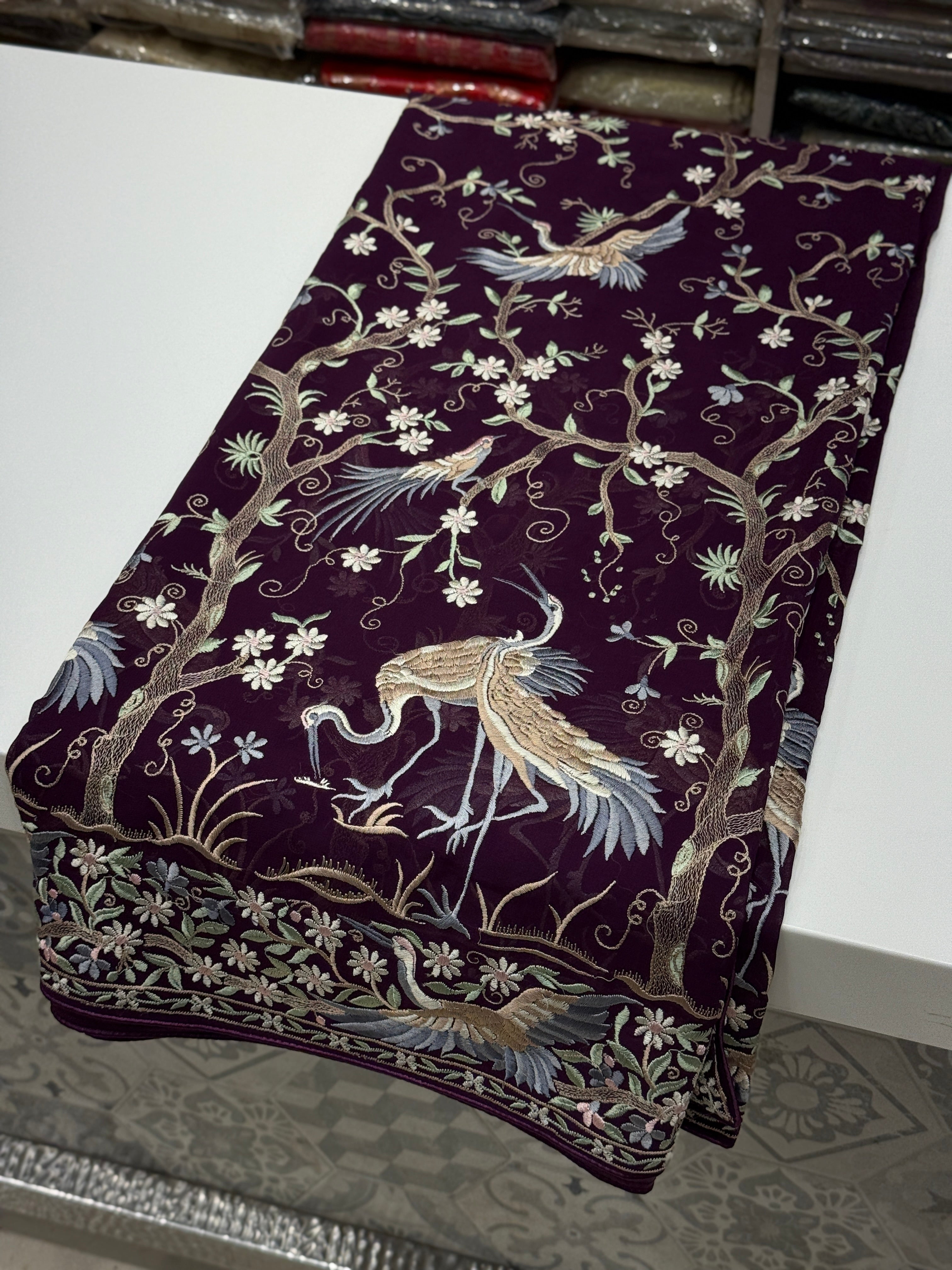 Wine Tree Of Life Flamingo Parsi Gara Saree
