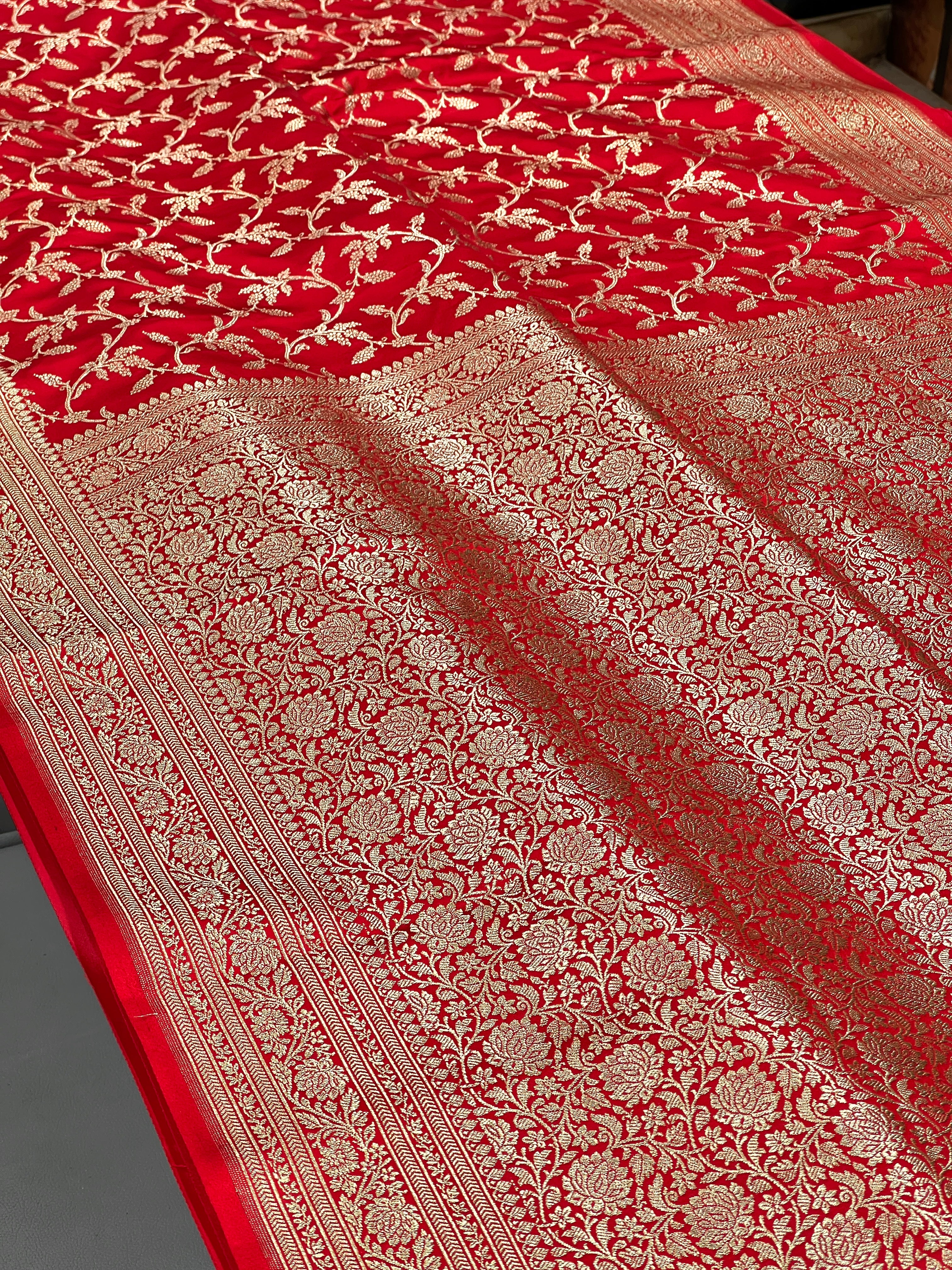 Red Banarasi Silk Pine Jaal Saree