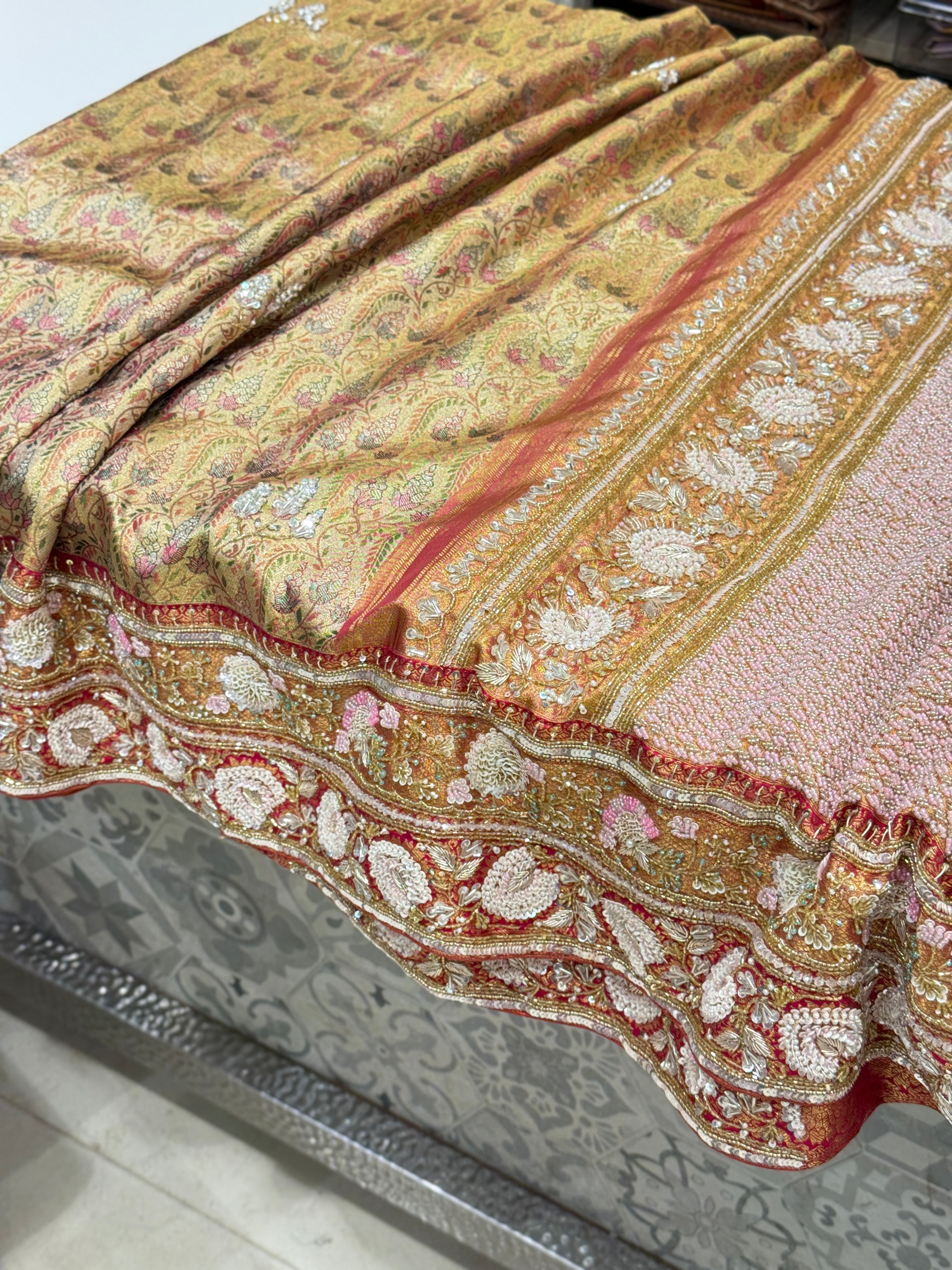 Meenakari Tissue Kanjivaram Hand Embroidery Saree