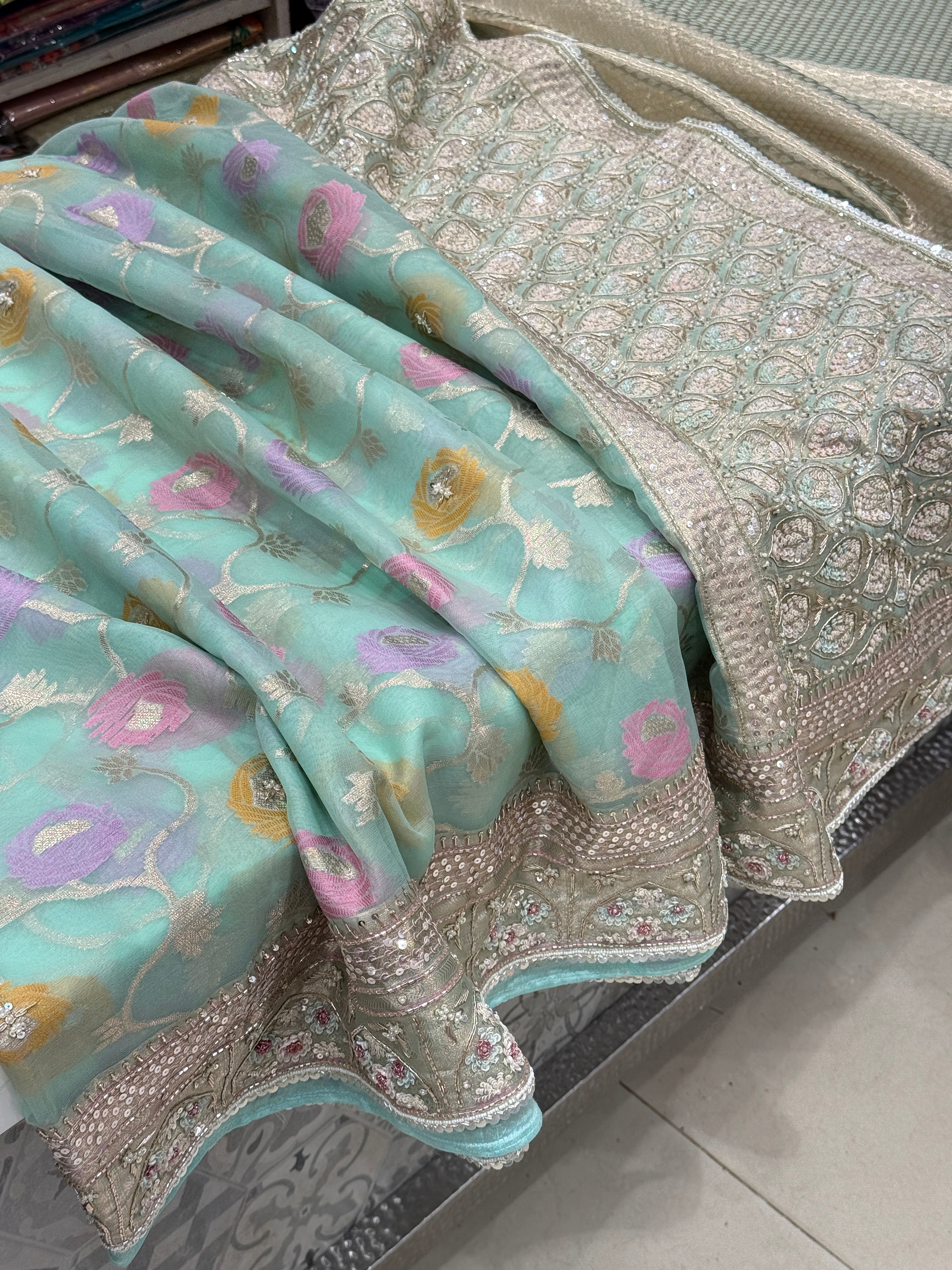 Light Blue Meenakari Banarasi Kora Sequin Zardosi Hand Embroidery Saree
