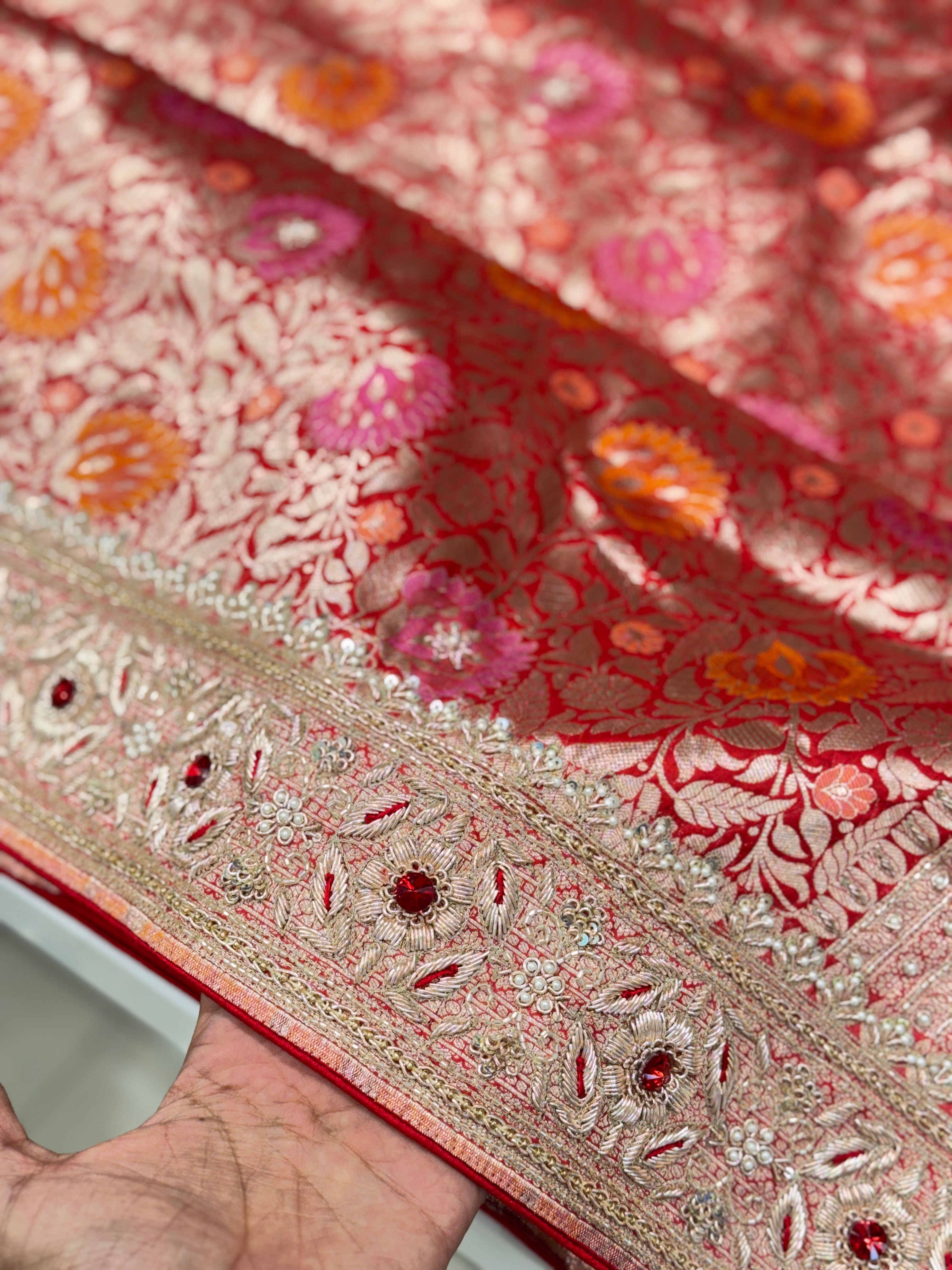 Meenakari Banarasi Katan Zardodi Hand Embroidery Crystal Saree