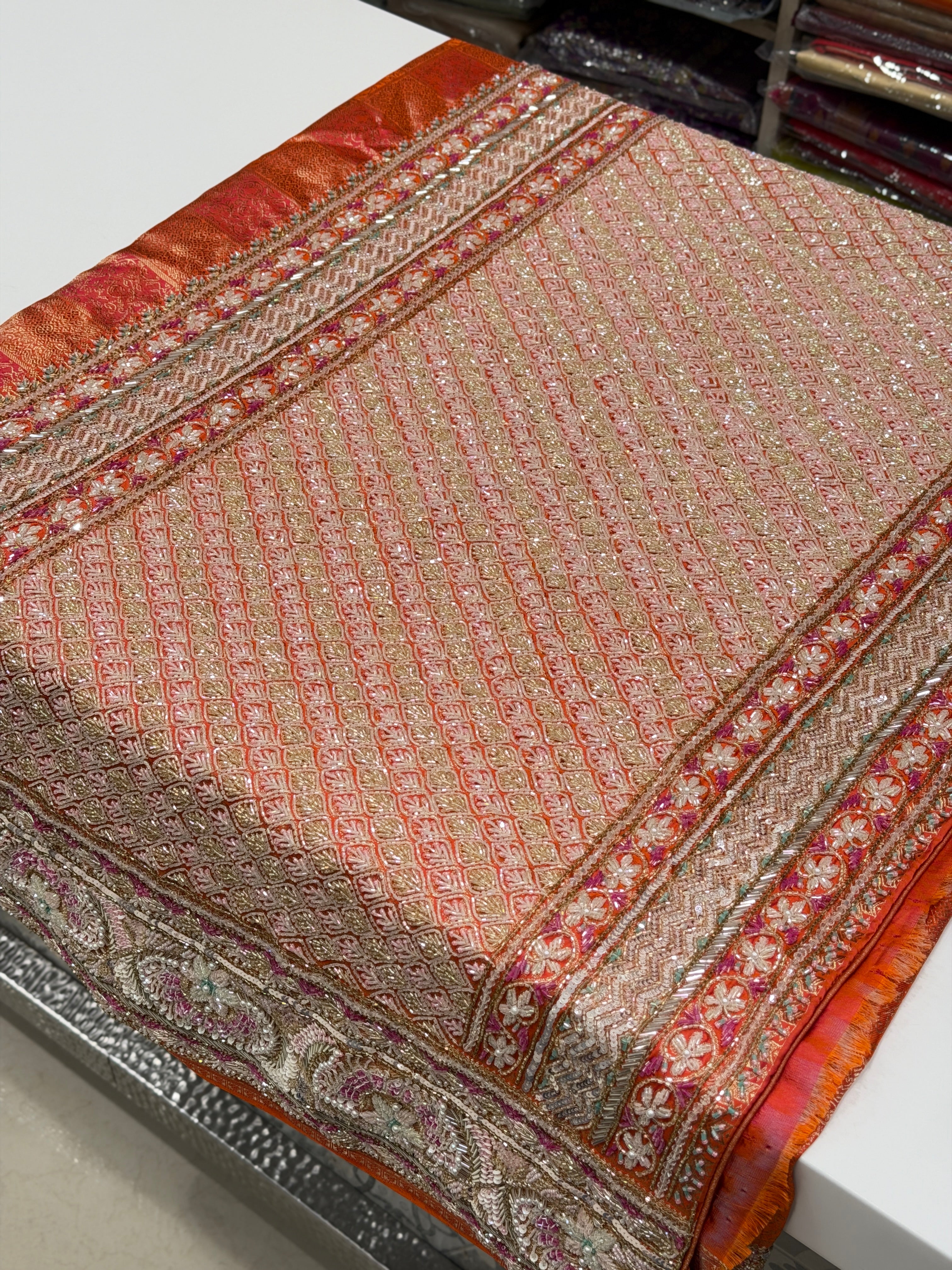 Rust Orange Kanjivaram Moti Zardosi Hand Embroidery Saree