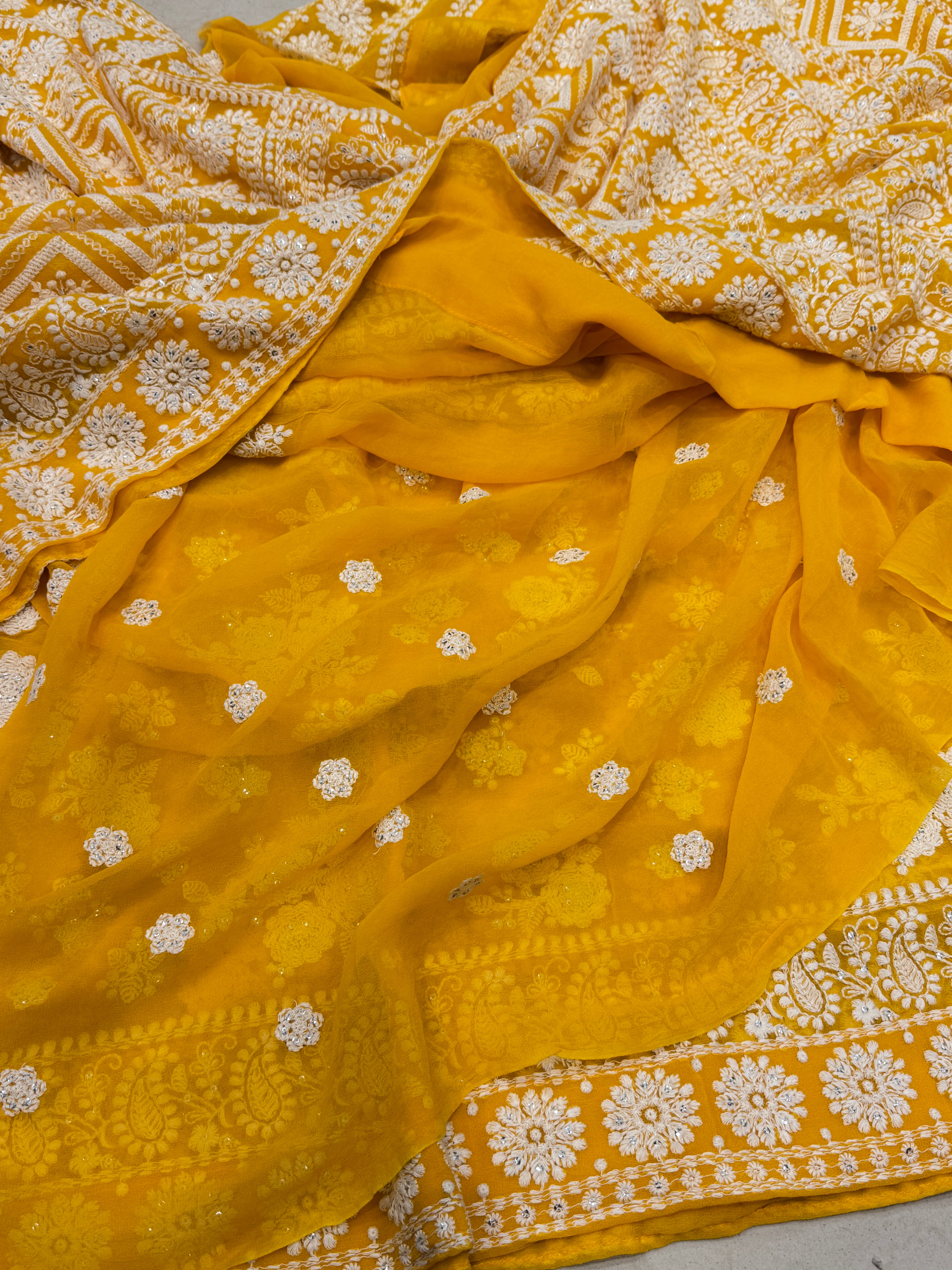 Yellow Chikankari Georgette Resham Butta Saree
