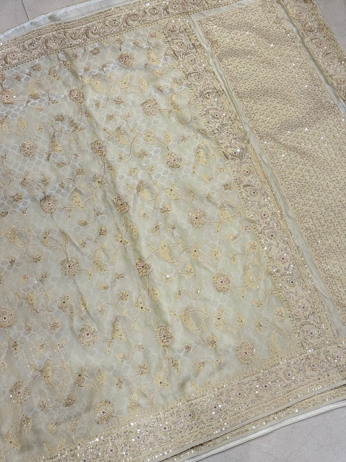 Beige Banarasi Crepe Tissue Zardodi Jaal Hand Embroidery Saree