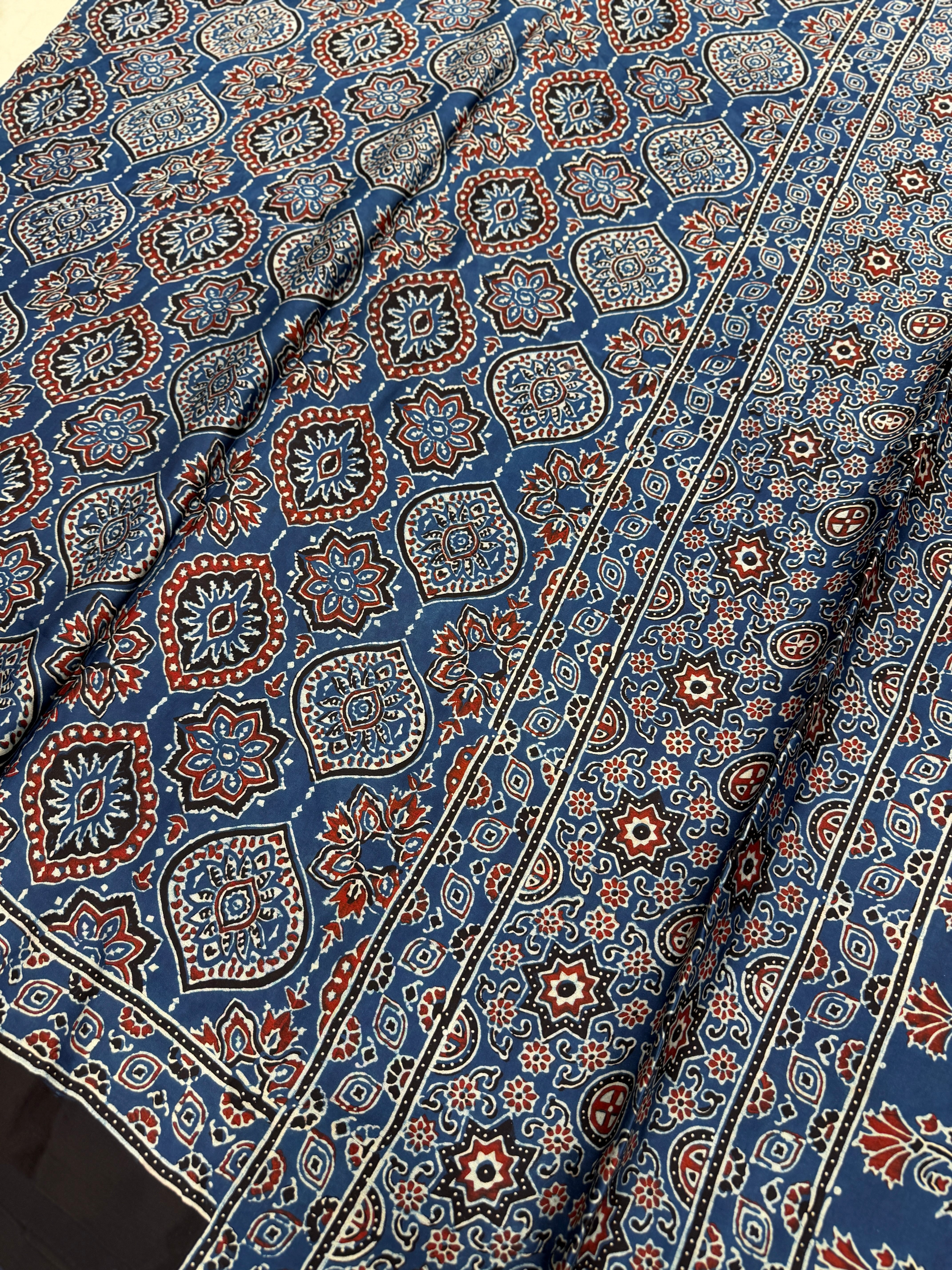 Blue Badam Jaal Ajrakh Hand Block Print Pure Gajji Silk Saree