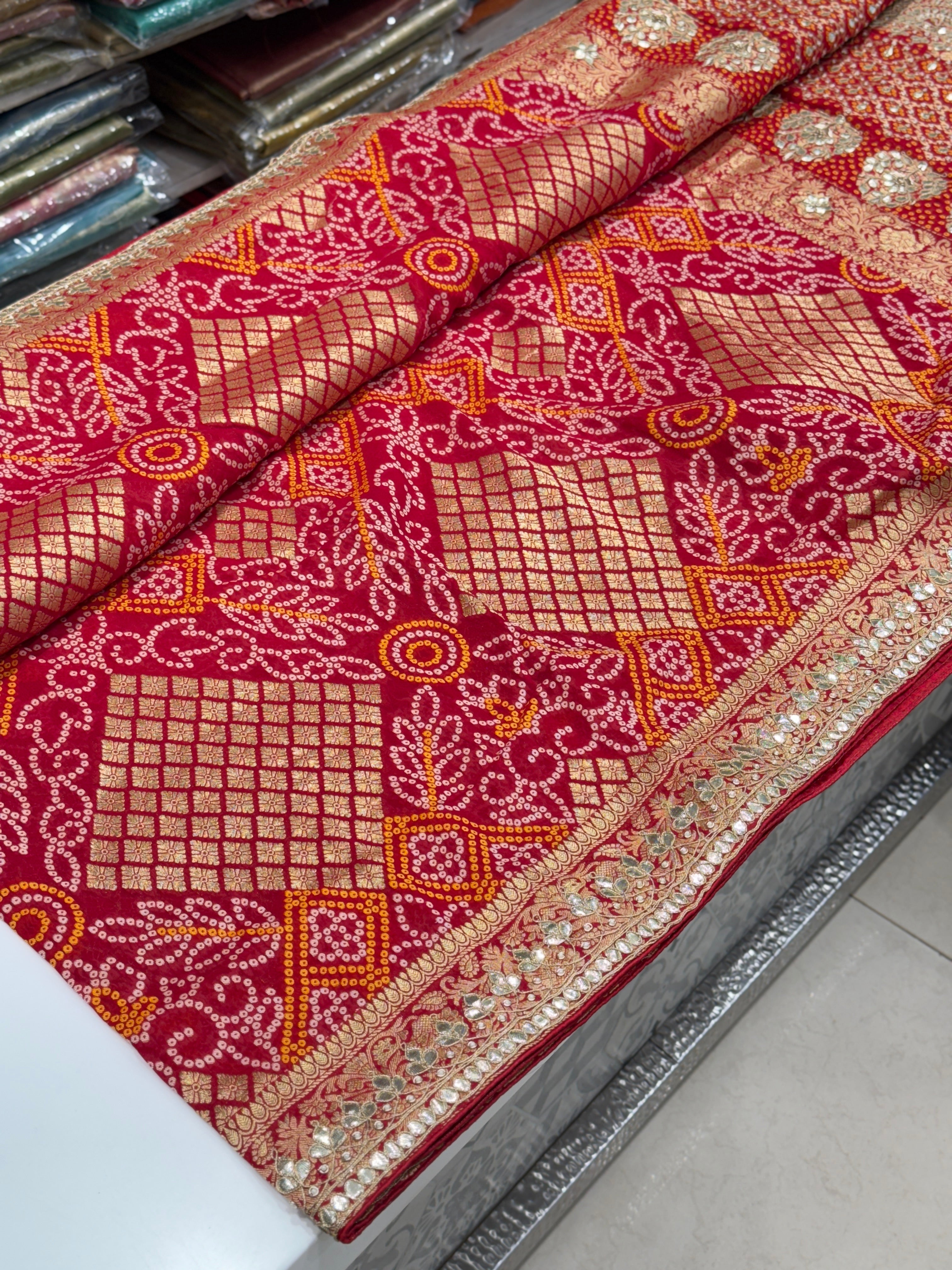 Red Woven Bandhej Gotapatti Saree