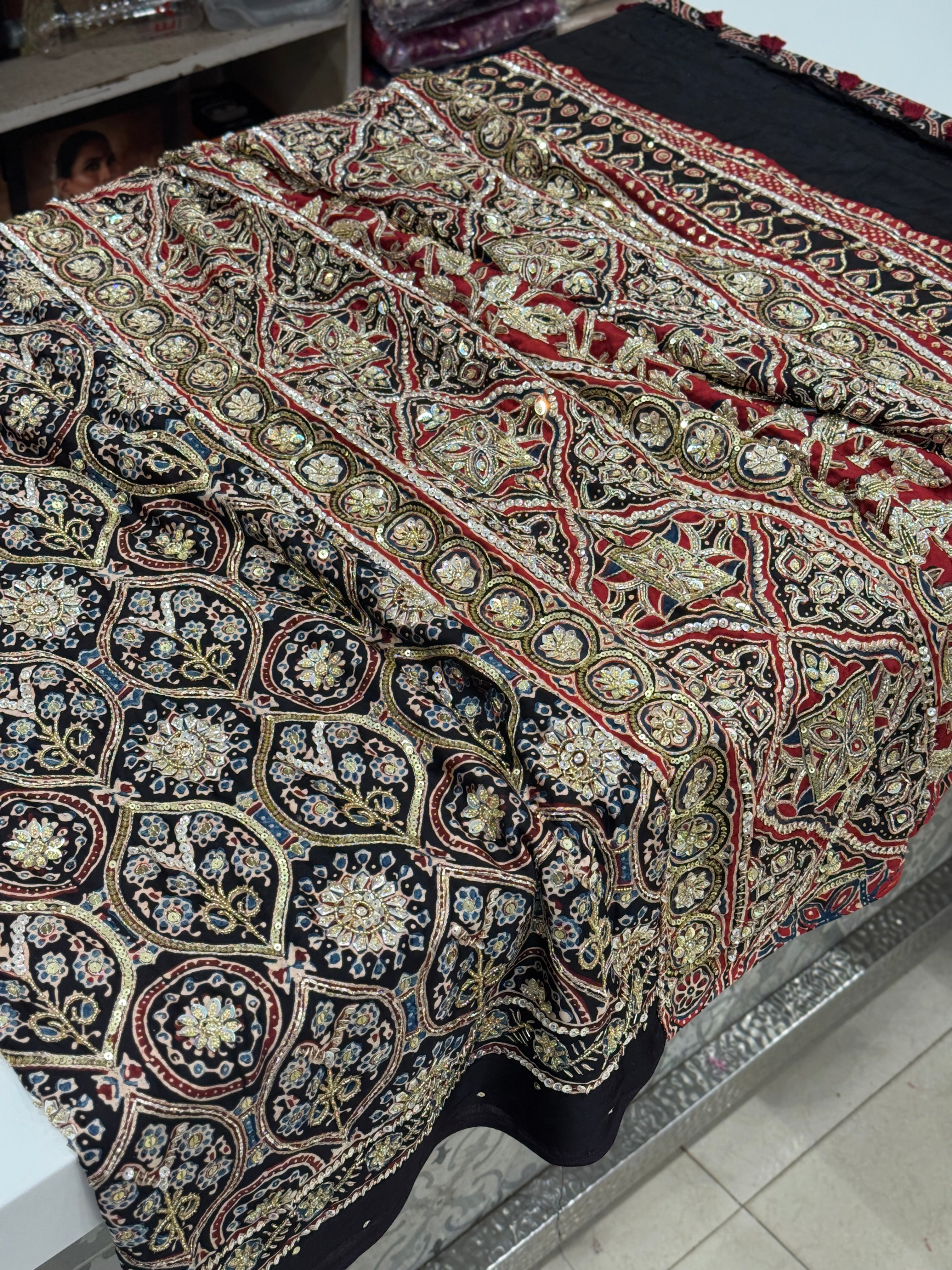 Black Red Jaal Pita Sequin Ajrakh Hand Embroidery Saree