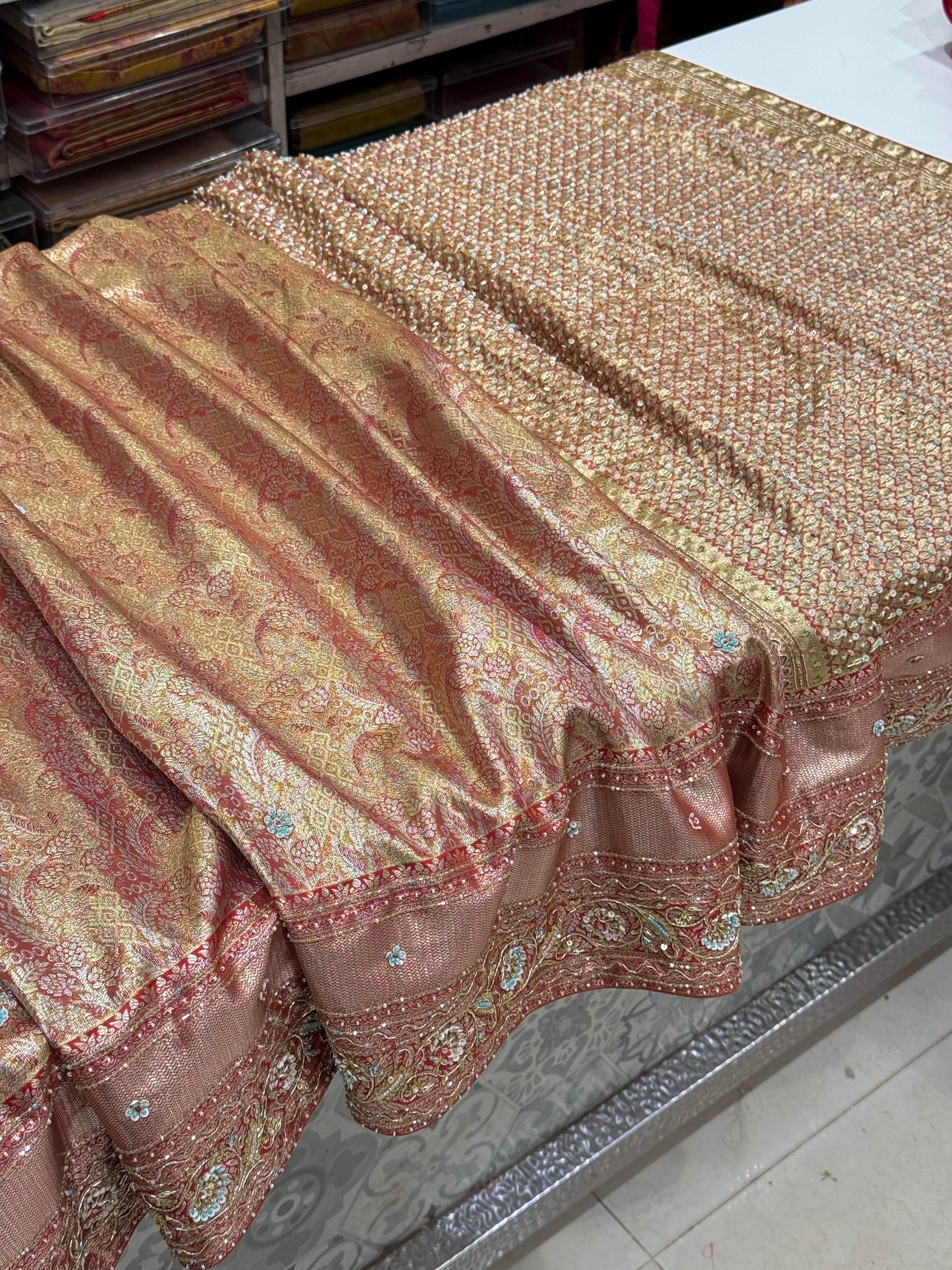 Golden Red Tissue Kanjivaram Hand Embroidery Saree