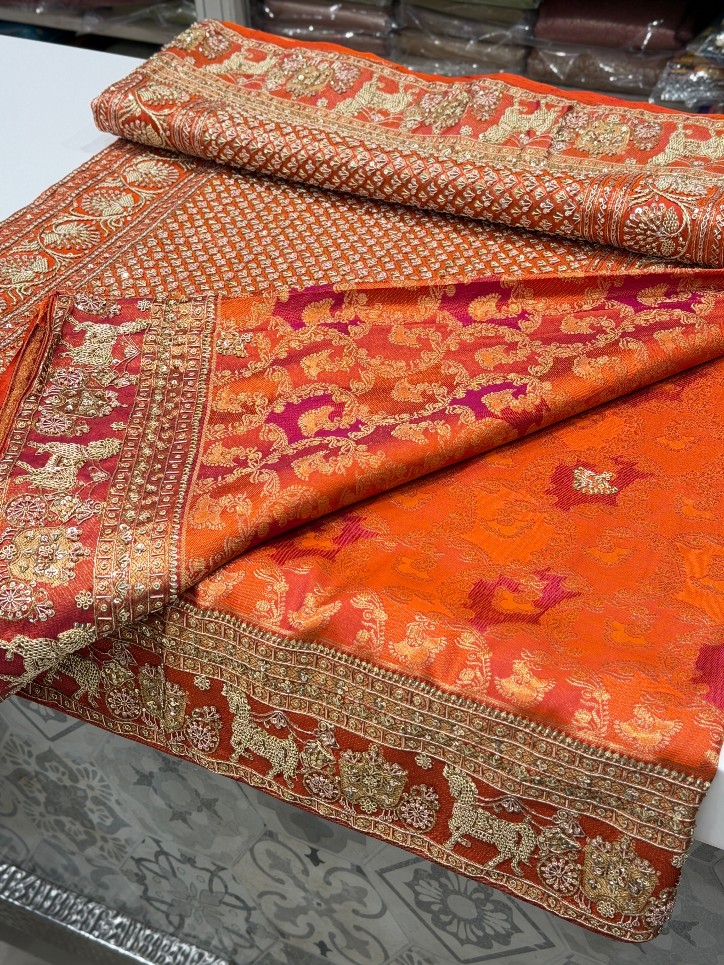 Orange Kanjivaram Doli Edit Zardosi Hand Embroidery Saree